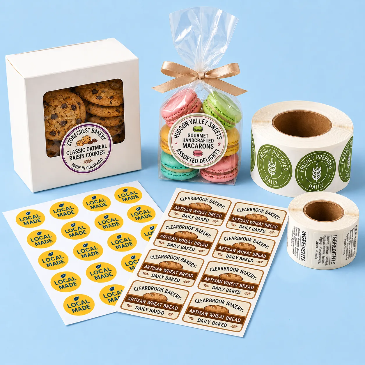 custom bakery labels and stickers on packaging, sheets and rolls