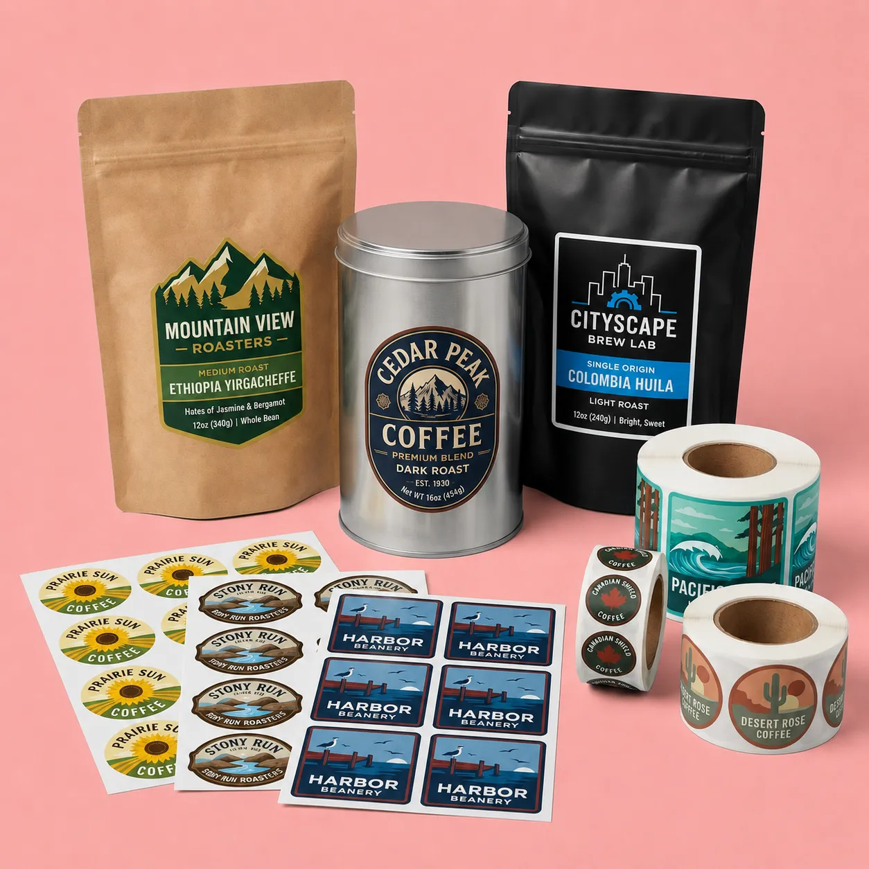 Coffee packaging sheets and rolls labels and stickers