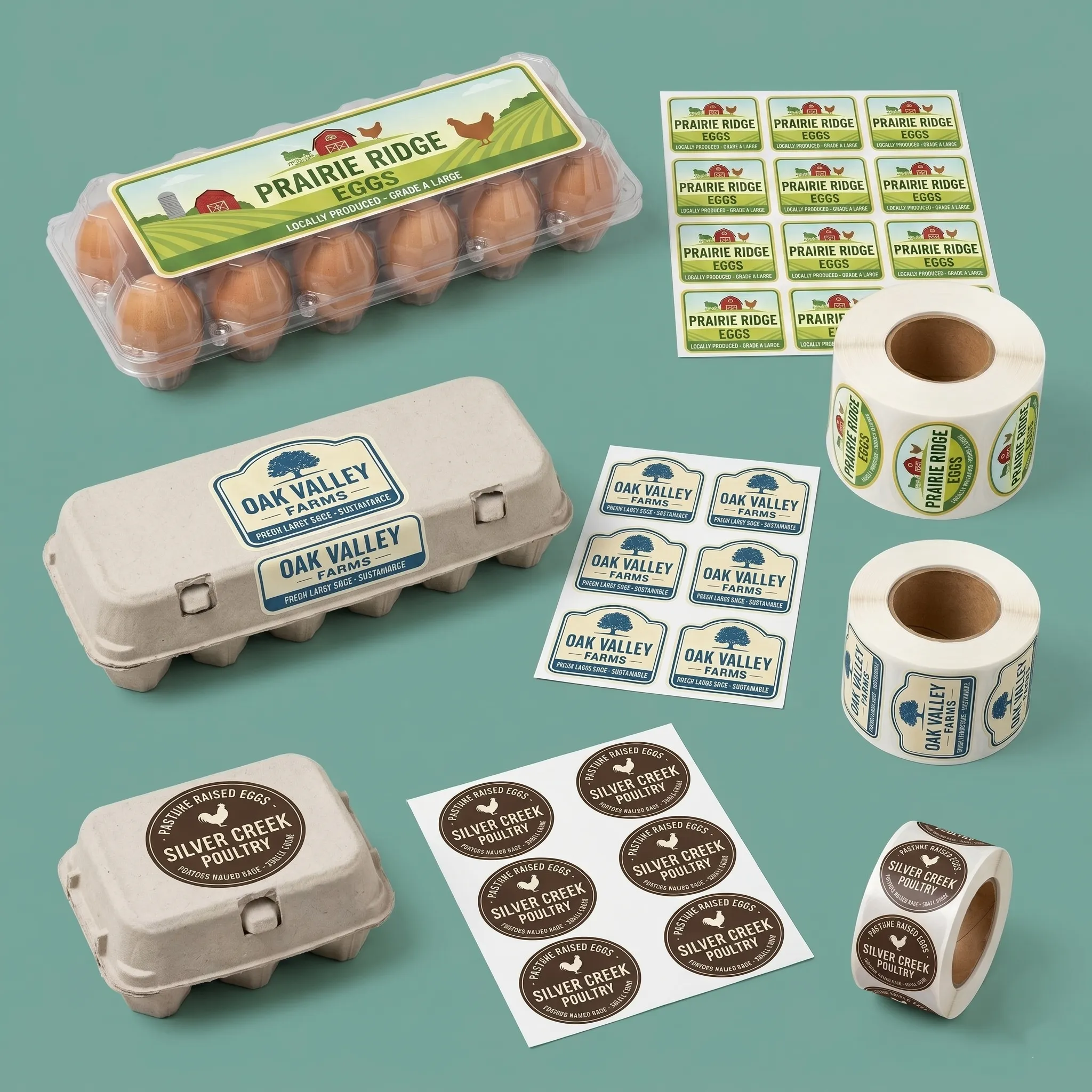custom egg labels and stickers on packaging, sheets and rolls