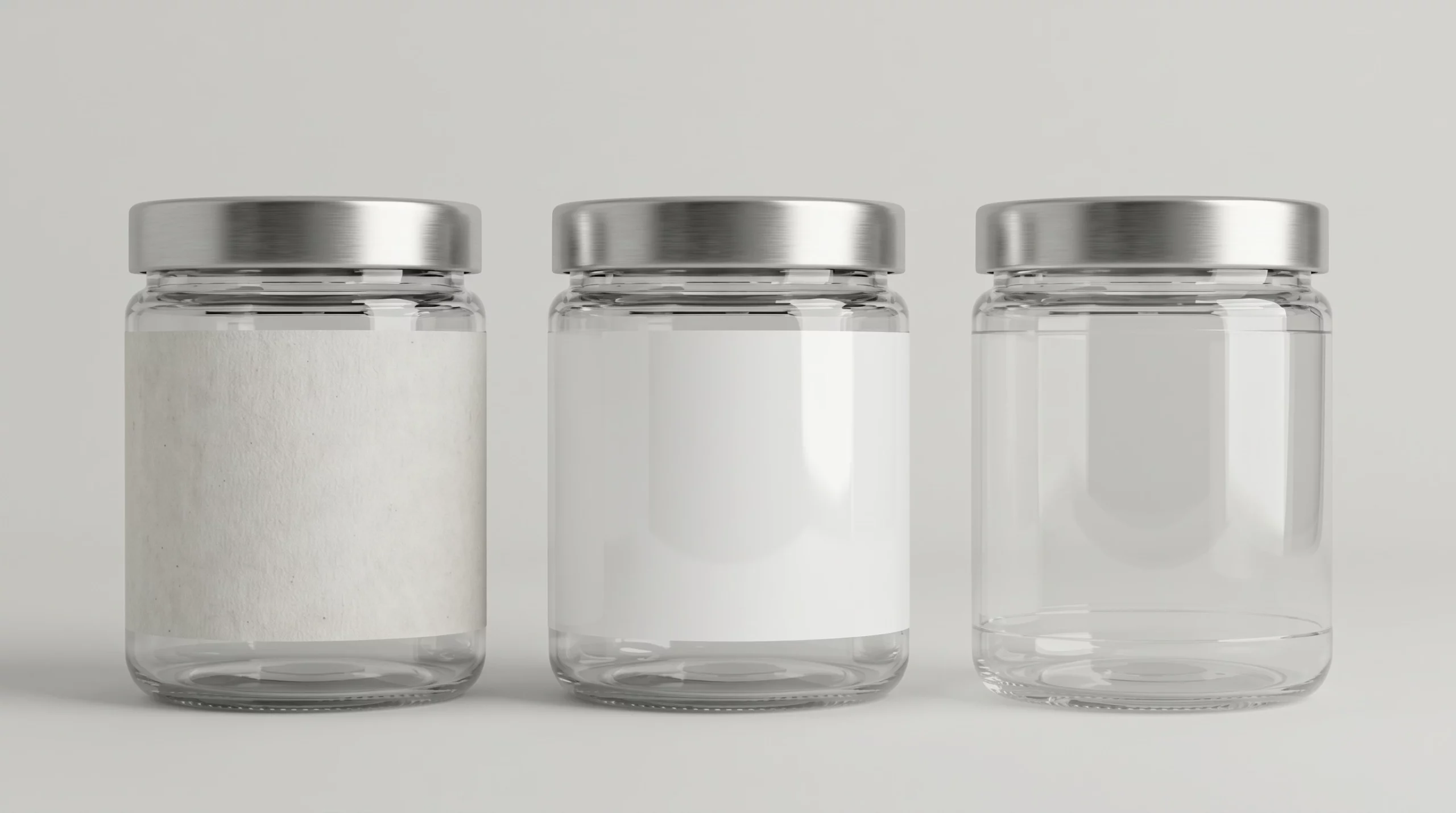 Paper, vinyl and clear vinyl food packaging labels on the same glass jar