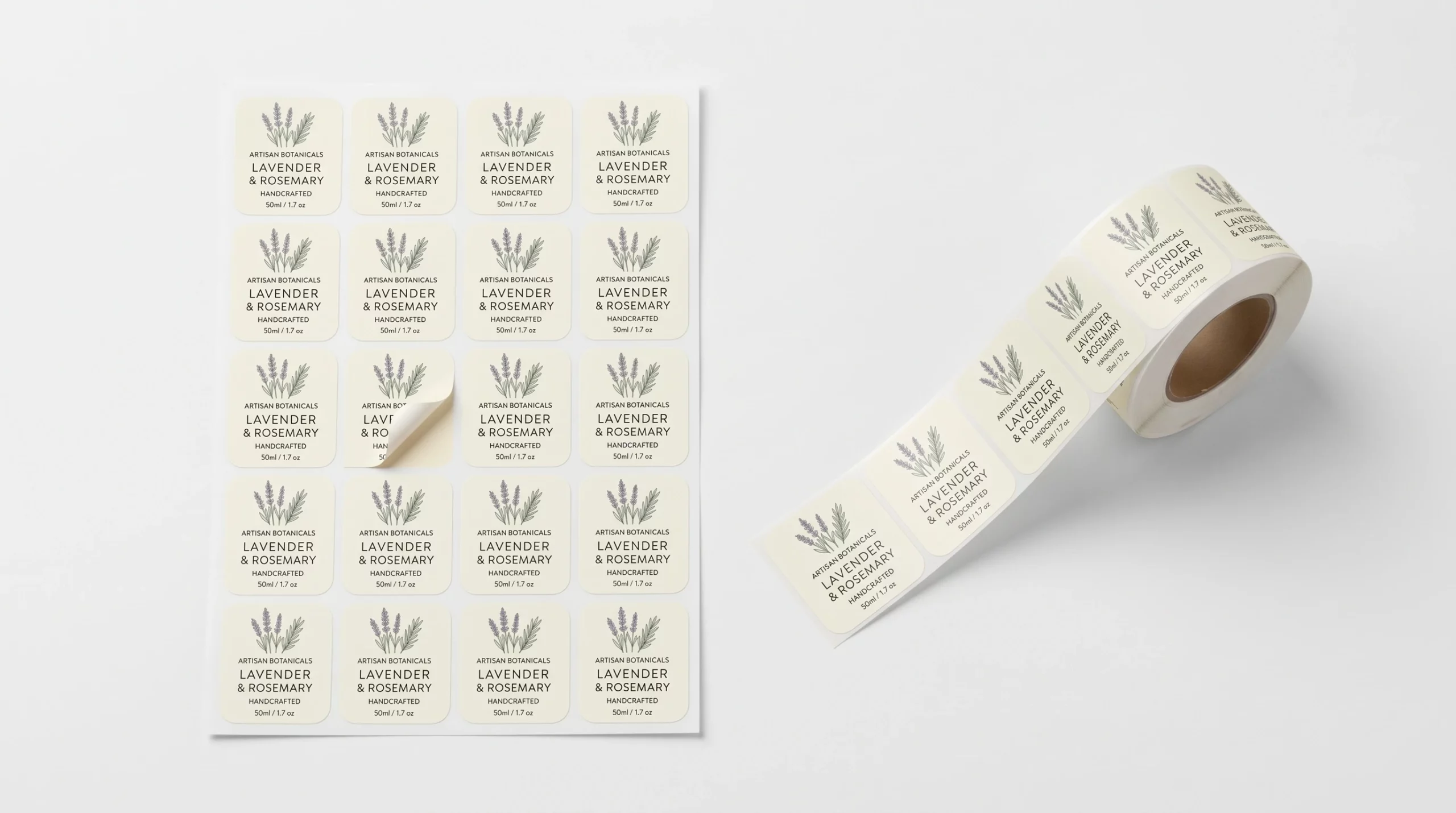 Custom printed food labels on a sheet next to the same design on a roll