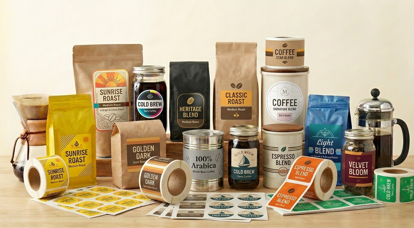 Custom printed labels for coffee bags and packaging, ideal for single-origin roasts, flavored blends, and limited seasonal coffee releases. 
