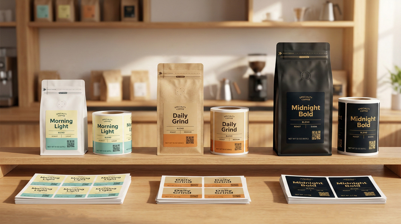 Custom coffee bag labels built for flexibility, ideal for managing diverse coffee products and packaging formats.
