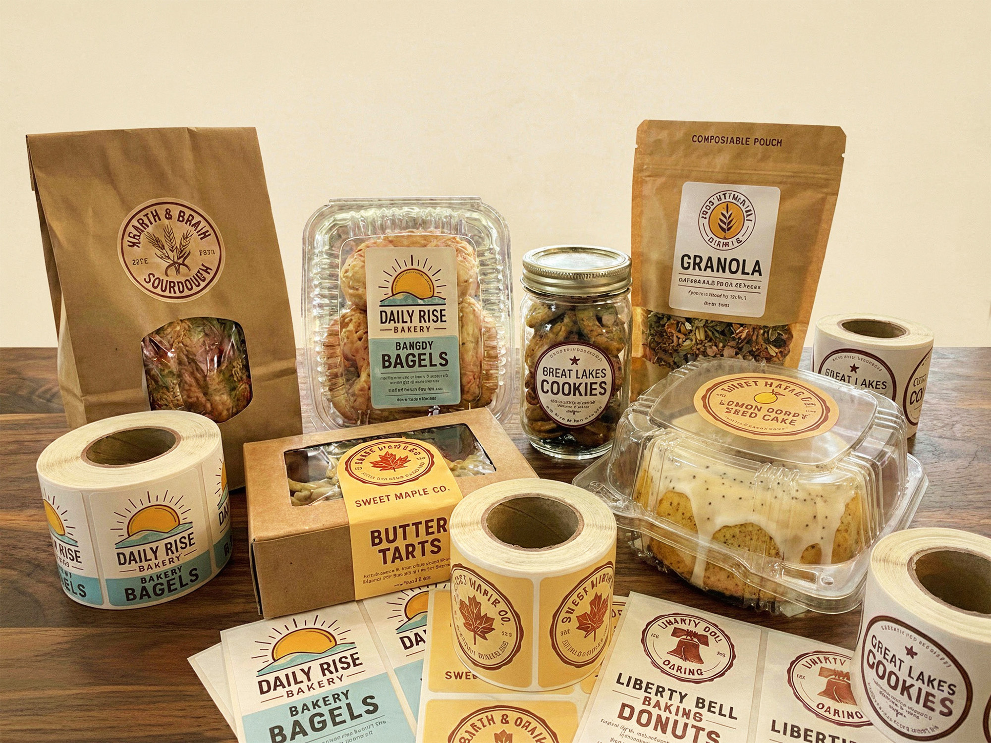 Professional custom bakery labels on bread, cookie, and pastry packaging. Description: Add a professional finishing touch to your baked goods with high-quality custom packaging labels for breads, cakes, and pastries.