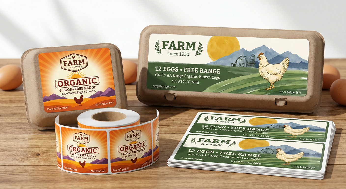 Custom egg carton labels on 12-count cartons at farmers market