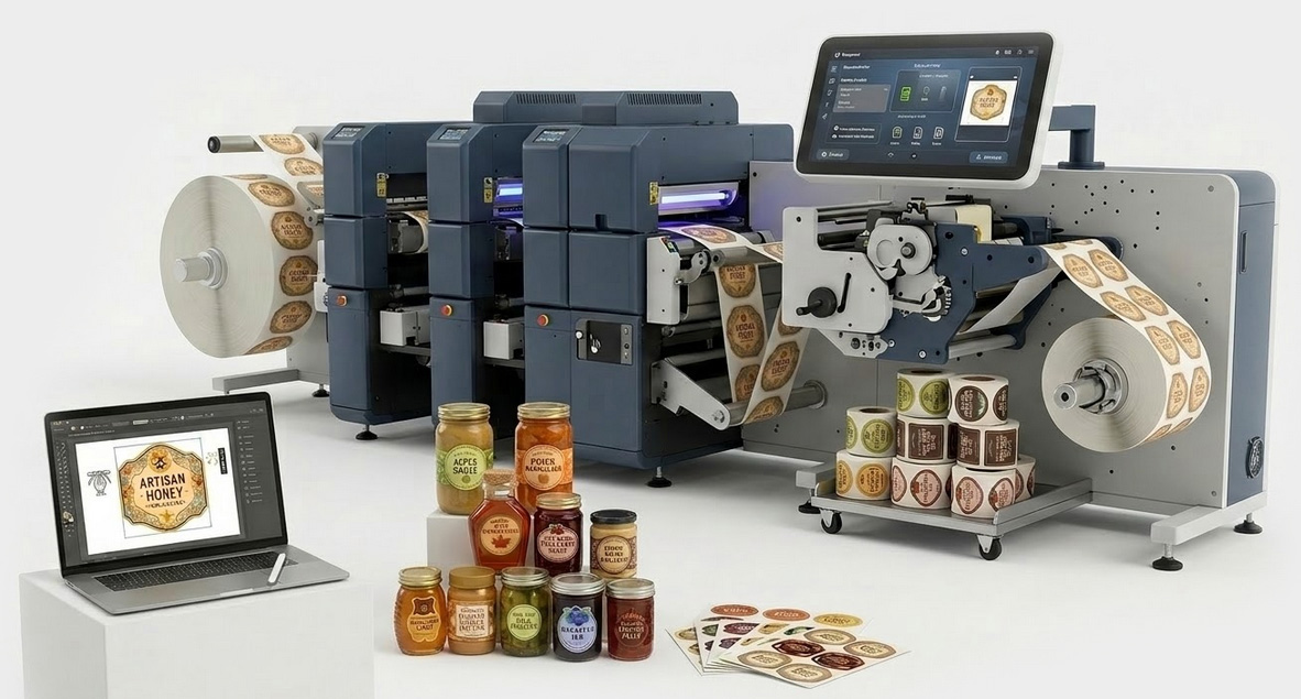 A comprehensive view of the custom label production process. On the left, a laptop displays a digital proof for an "Artisan Honey" label. Behind it, a large, industrial digital label printer is actively printing that same design onto a continuous roll. In the foreground, a colorful arrangement of finished glass jars—including honey, jams, and pickles—sits alongside flat printed label sheets and several completed rolls. The setup visually demonstrates the seamless transition from digital design to high-quality, ready-to-apply packaging.