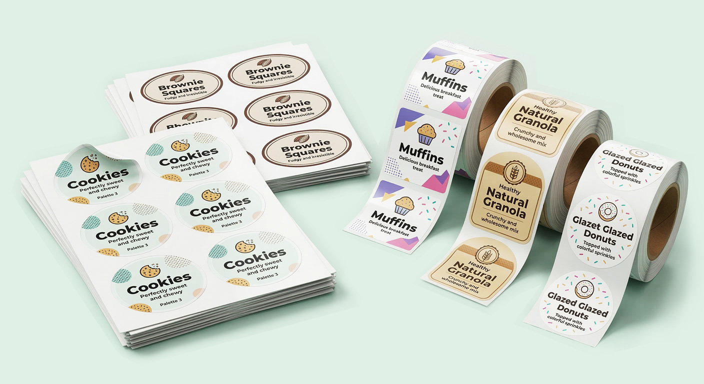 Bakery packaging labels made from different materials such as paper, waterproof BOPP, clear, kraft, and vinyl. These label options are designed to withstand moisture, refrigeration, oils from baked goods, and frequent handling while keeping bakery product information clear and secure.