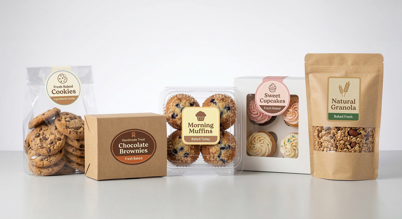 bakery label shapes applied on cookie, brownie, muffin, cupcake, and granola packaging