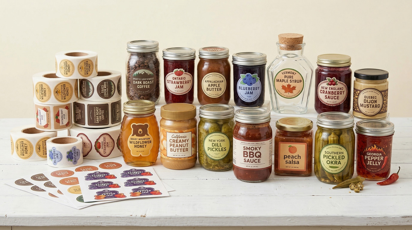 A diverse collection of glass jars filled with various foods, including coffee beans, jams, honey, peanut butter, pickles, and BBQ sauce. Each jar features a professionally printed custom label, highlighting different shapes and sizes like a custom bear-cut label for honey, an elegant badge for maple syrup, and classic round and rectangular designs. On the left side, several printed label rolls and flat label sheets are stacked together, demonstrating the different production formats available. The products are arranged on a white wooden table against a bright, clean background.