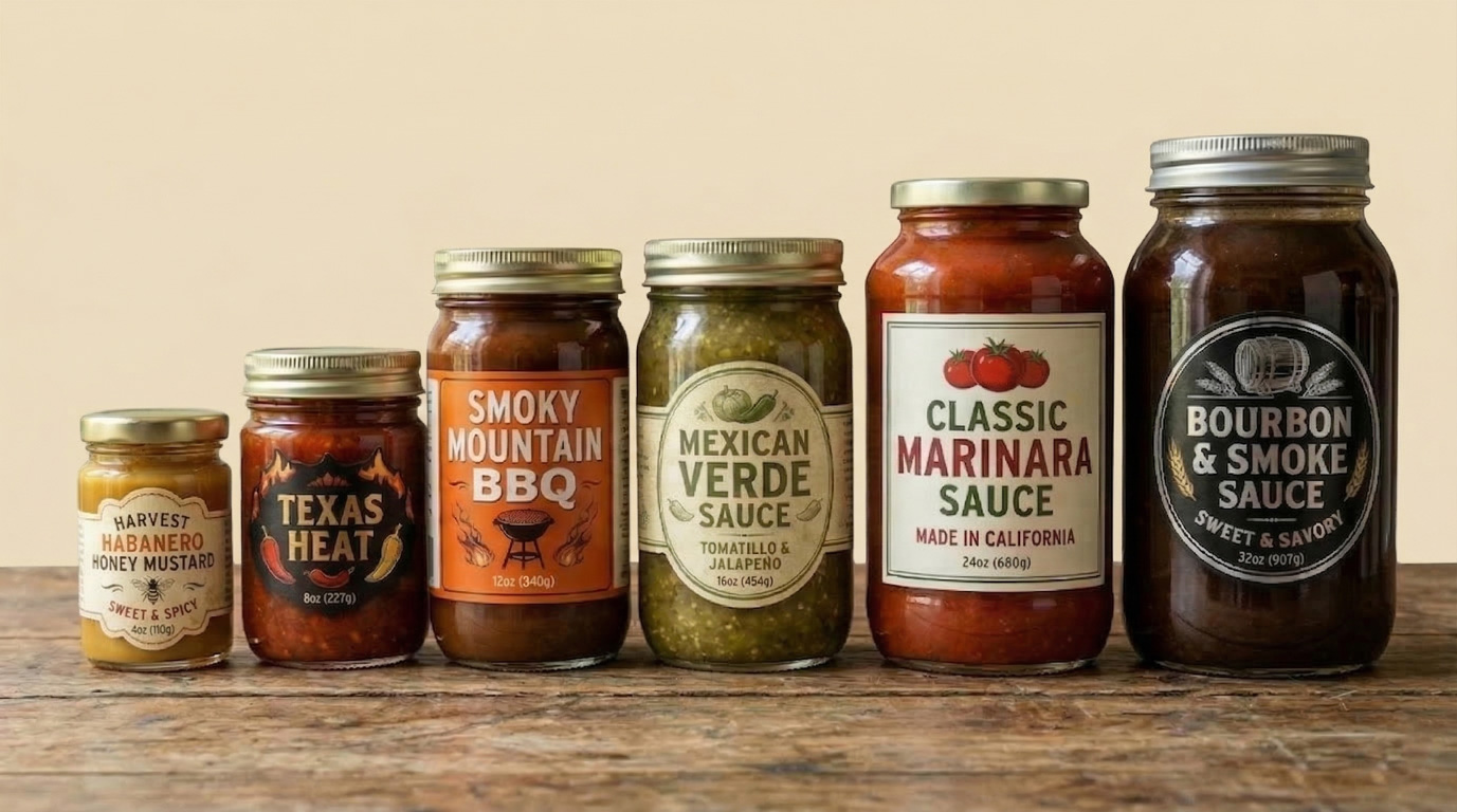 A lineup of six glass jars filled with different sauces and condiments, arranged from smallest (4oz) to largest (32oz) on a rustic wooden surface. The image highlights the versatility of custom jar labels across various container sizes. From left to right, the jars feature a diverse mix of label designs: a clear label for honey mustard, a custom die-cut black label with flames for hot sauce, an orange rectangular wrap for BBQ sauce, an oval label for salsa verde, a large classic rectangular label for marinara, and a large round black label for bourbon smoke sauce.