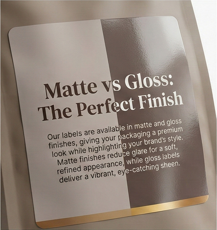 This image demonstrates how matte and gloss finishes affect the look of custom coffee labels. The left side features a matte finish with a soft, glare-free appearance that conveys a refined, artisanal feel. The right side shows a glossy finish with a vibrant, reflective sheen that emphasizes bold colors and creates a modern, eye-catching effect. 
