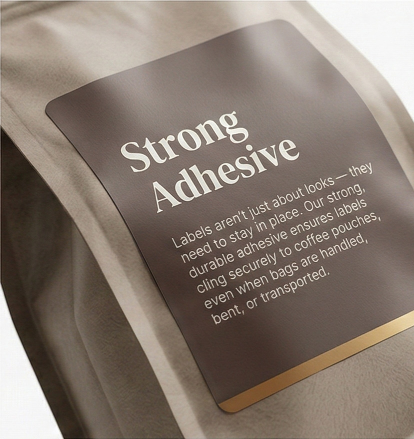 Durable custom coffee packaging label with strong adhesive on coffee pouch