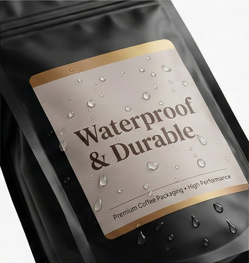 Waterproof custom coffee bag label on matte black pouch with durable packaging