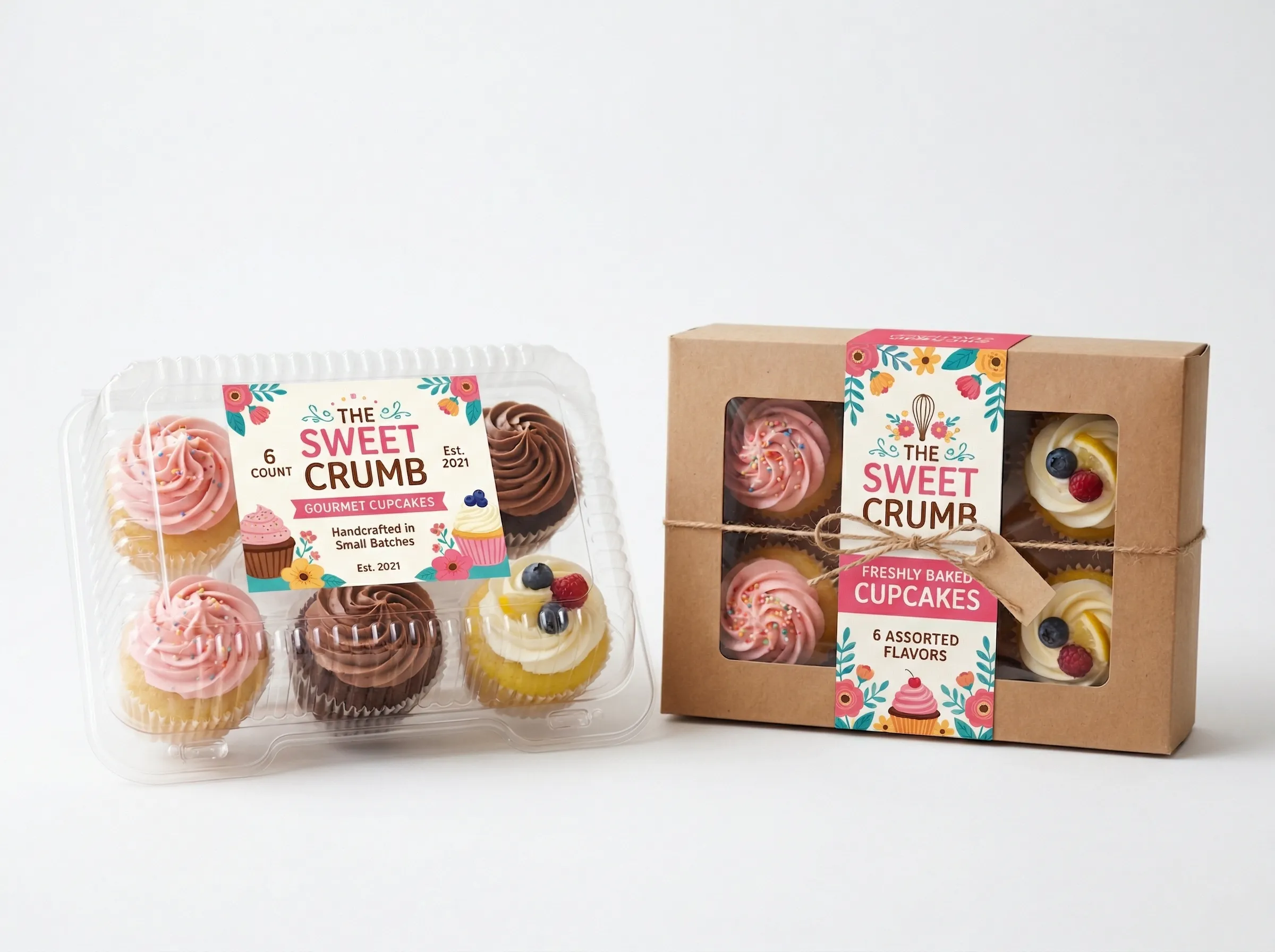 Custom cupcake labels applied to a clear 6-pack clamshell container and a kraft bakery box with a viewing window.