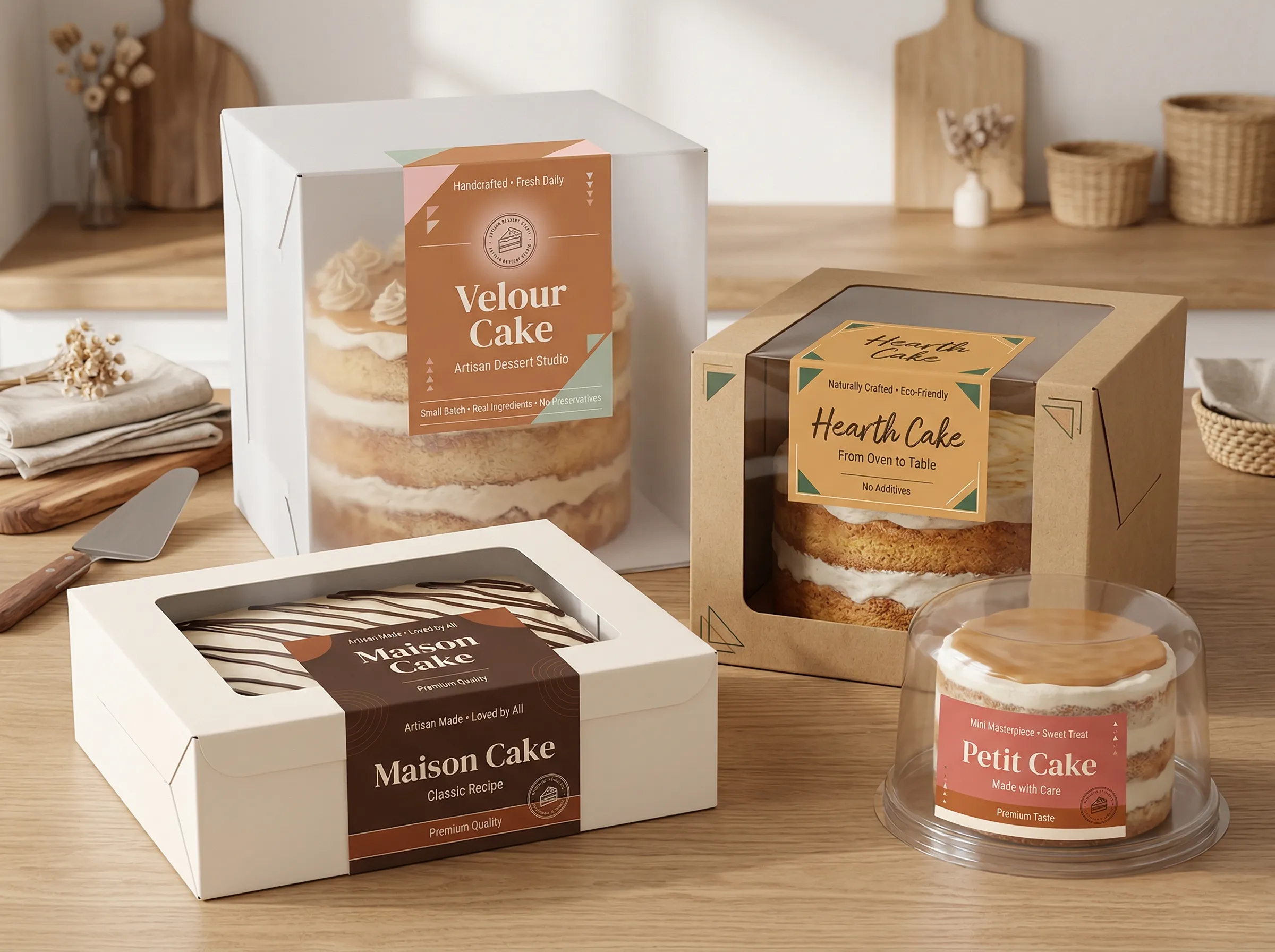 A realistic bakery display featuring a variety of beautifully packaged cakes on a wooden countertop. This image highlights how custom wrap-around labels and box stickers provide professional branding and a secure, tamper-evident seal for a wide range of bakery packaging, from rustic kraft boxes to clear plastic domes.