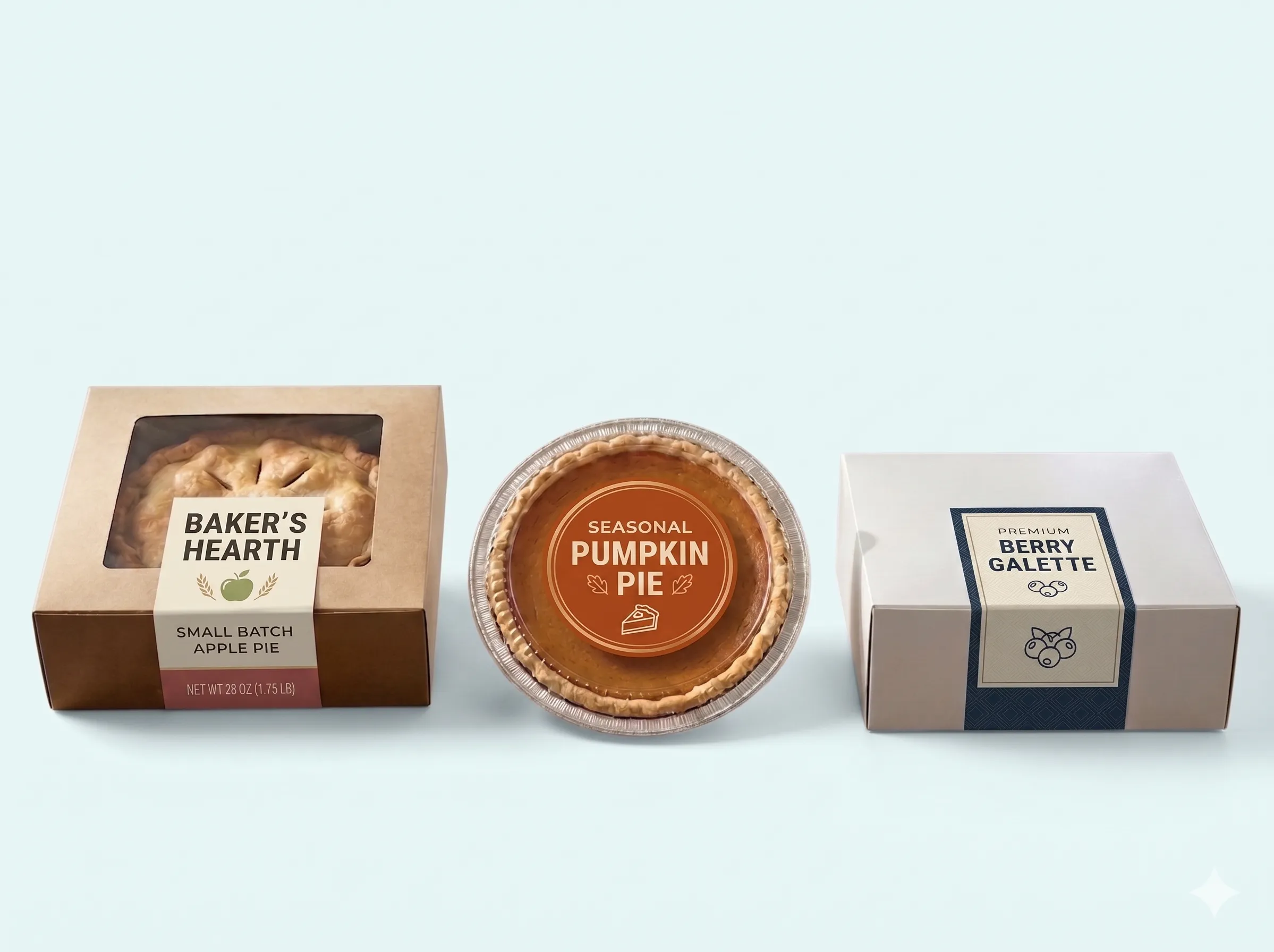 A clean, modern display showcasing three different pie packaging and labeling solutions. On the left, a small-batch apple pie sits in a kraft window box sealed with a wrap-around branded label. In the center, a seasonal pumpkin pie in an aluminum tin features a perfectly applied circular label. On the right, a premium berry galette is packaged in a minimalist white bakery box, secured with an elegant, modern wrap-around label.