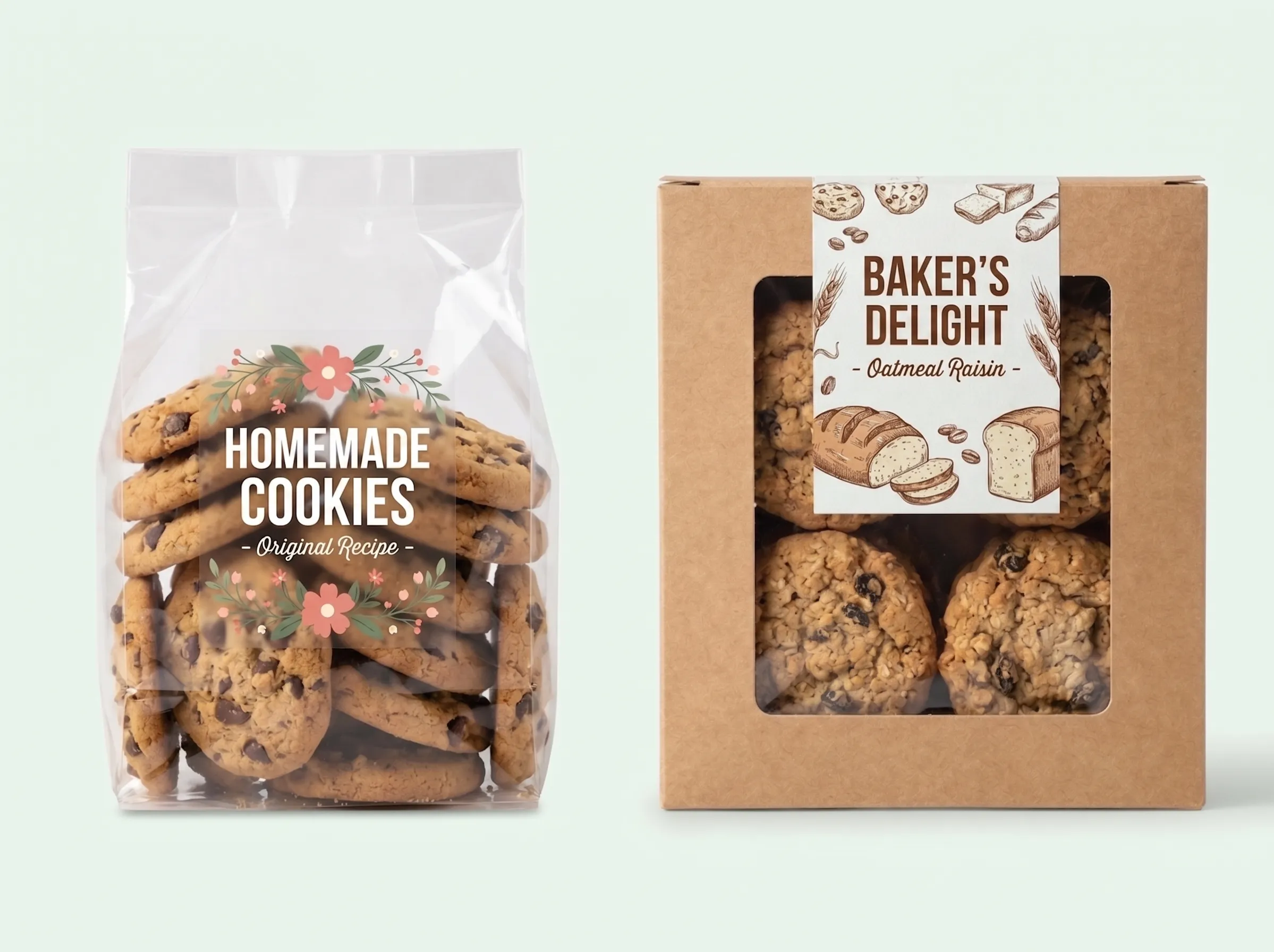 Side-by-side comparison of a clear custom label on a cellophane cookie bag and a matte paper label on a kraft bakery box.