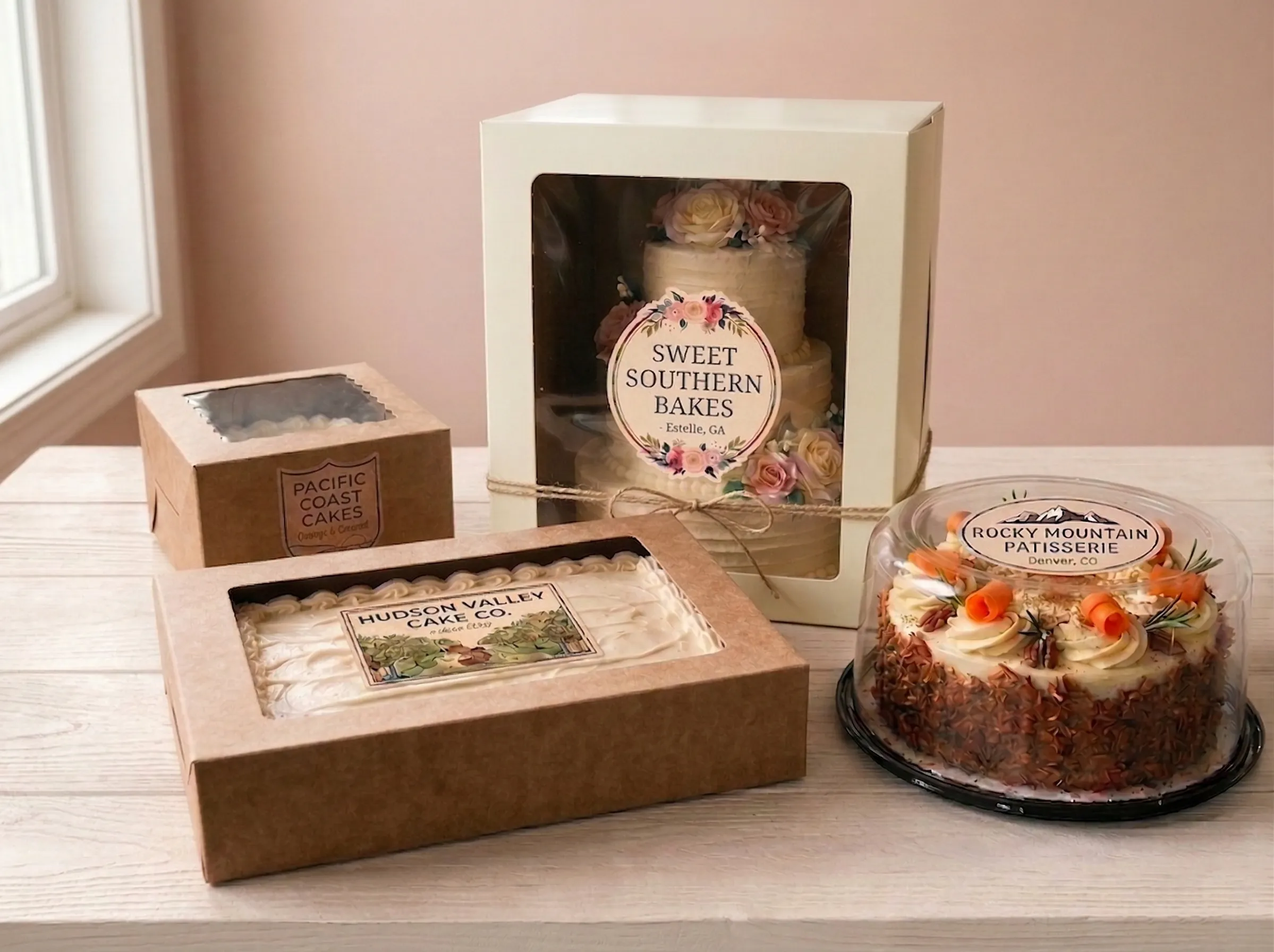 Custom printed bakery labels applied to various cake packaging, including kraft paper window boxes, a tall white cake box, and a clear plastic cake dome.