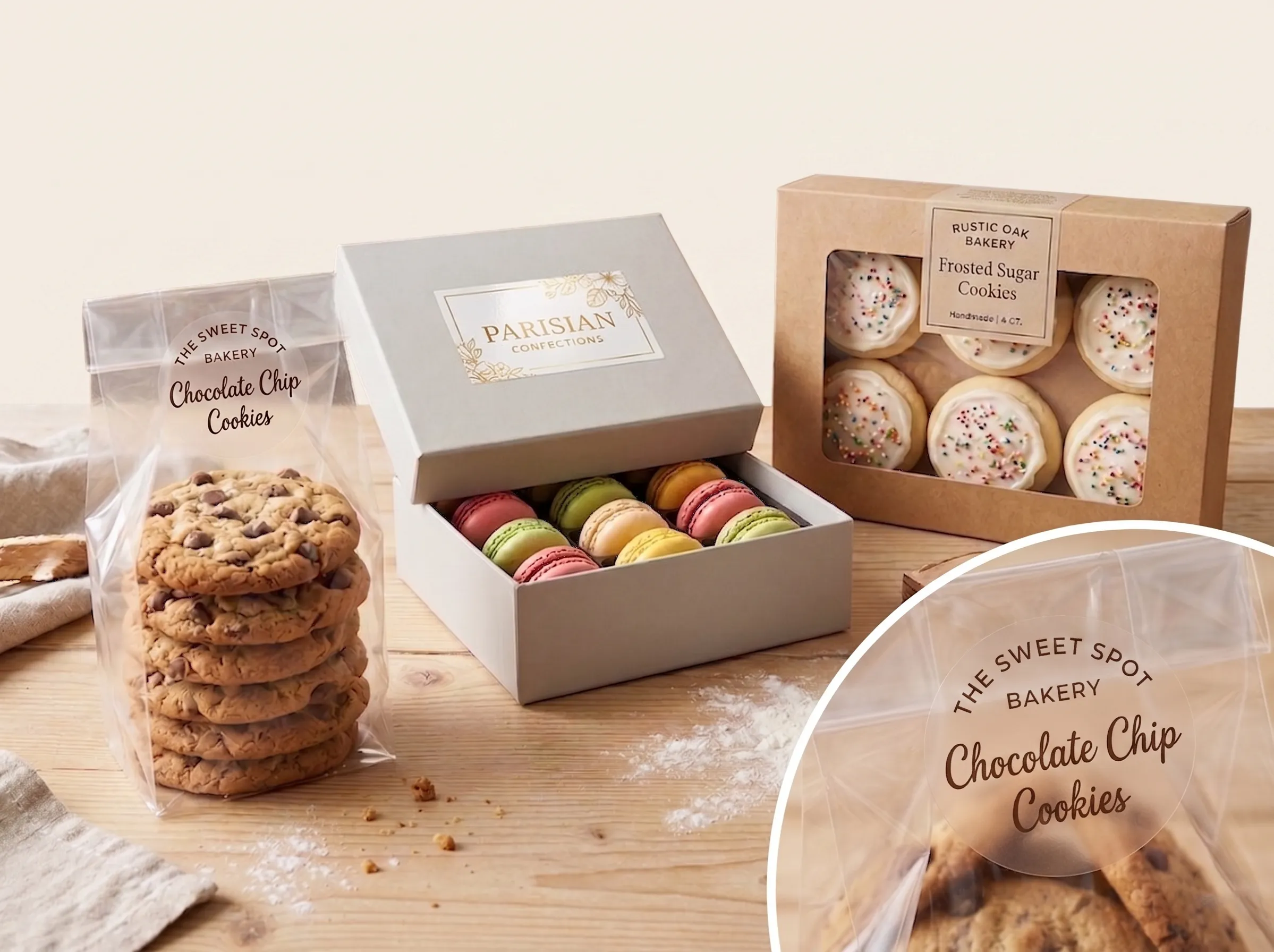 Custom bakery labels on a clear cookie bag, rigid macaron box, and kraft window box, with a close-up showing transparent label application.