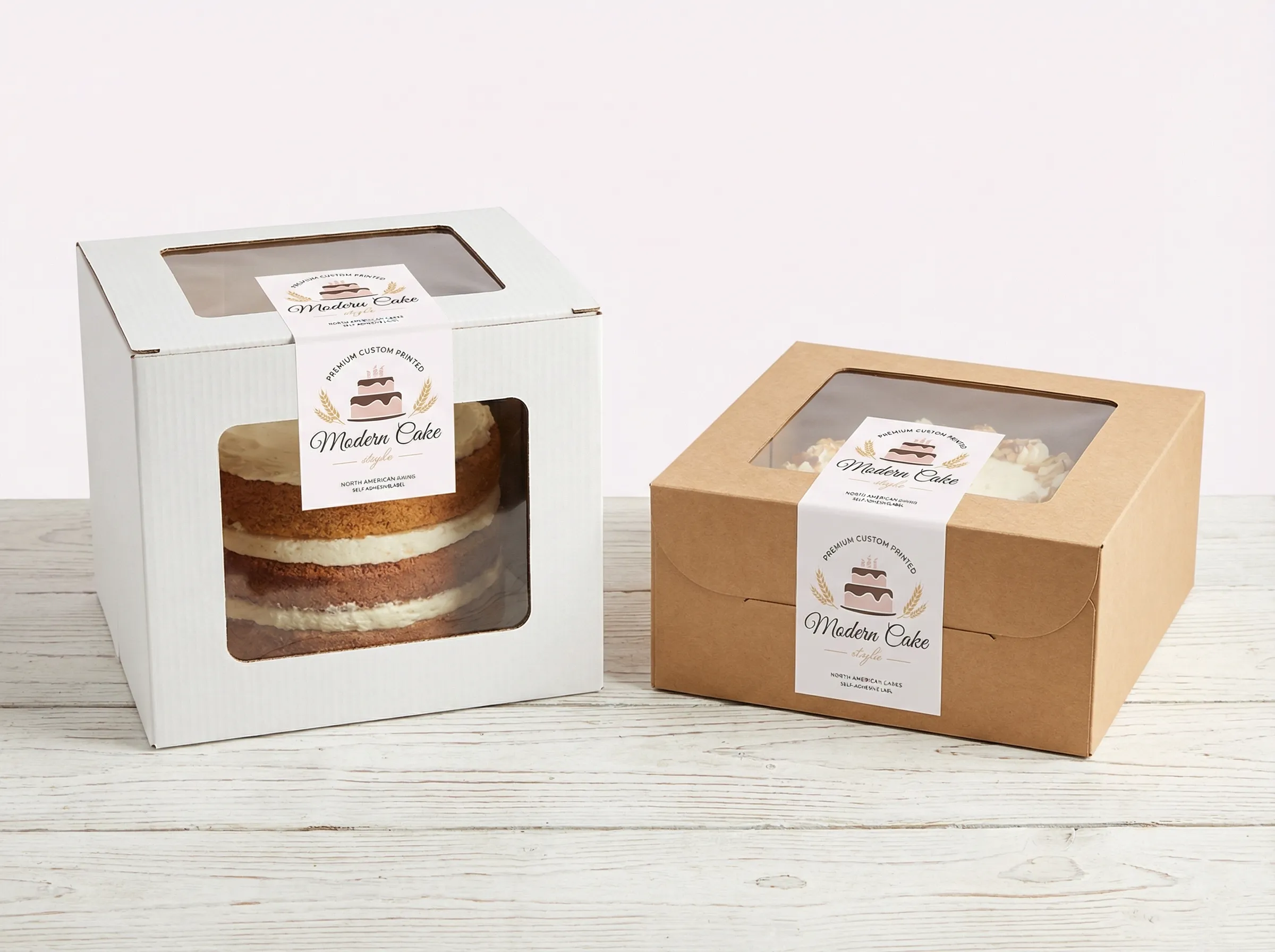 Two bakery cake boxes—one white and one brown kraft—featuring clear viewing windows to display the cakes inside. Both boxes are elegantly branded and secured using custom-printed, wrap-around cake labels with a modern bakery logo.