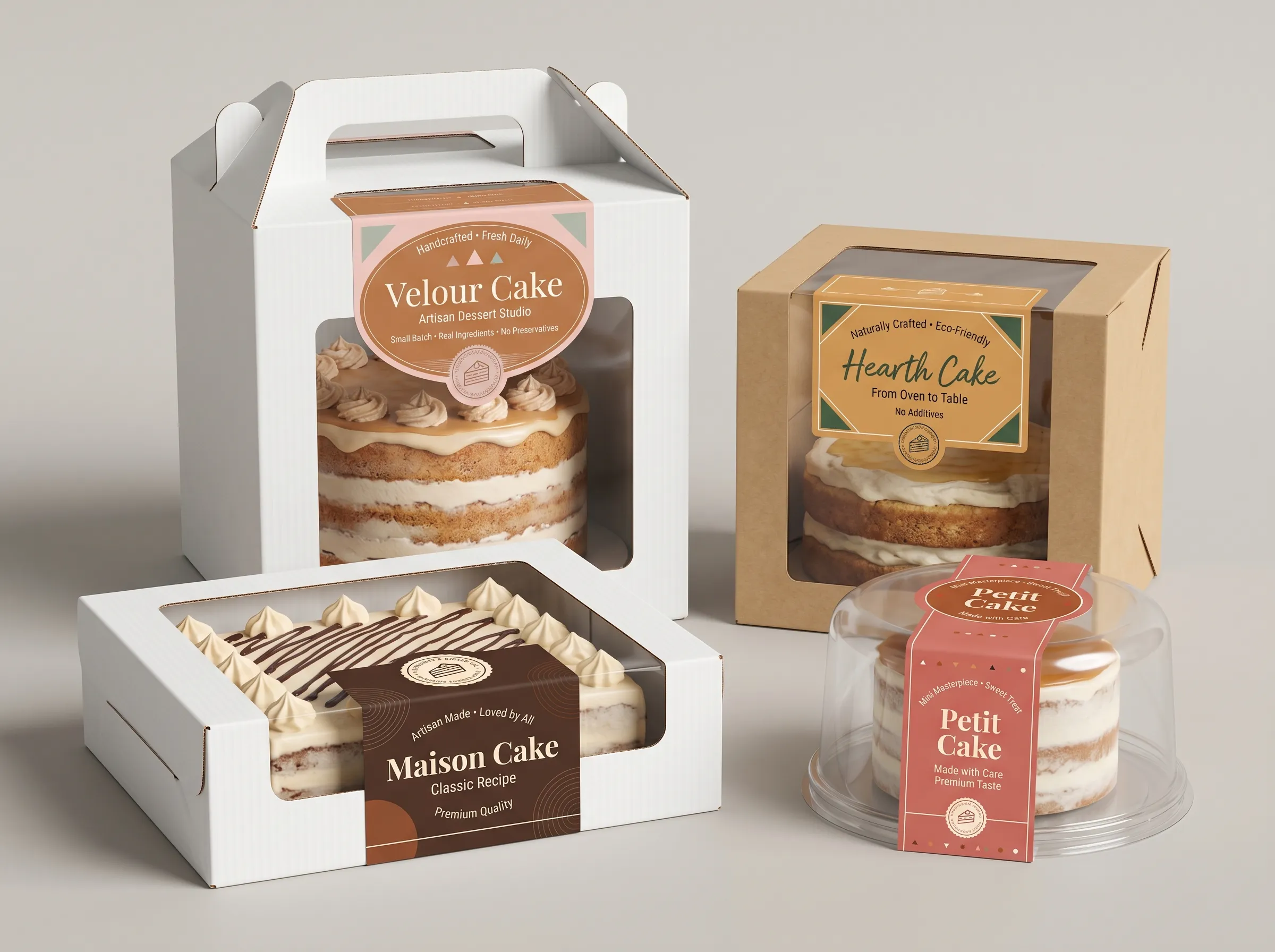 A collection showcasing the versatility of custom cake labels across various packaging styles. The image features clear tall boxes, brown kraft window boxes, rectangular bakery boxes, and mini cake domes—each elegantly branded and secured with unique, custom-printed wrap-around label sleeves.