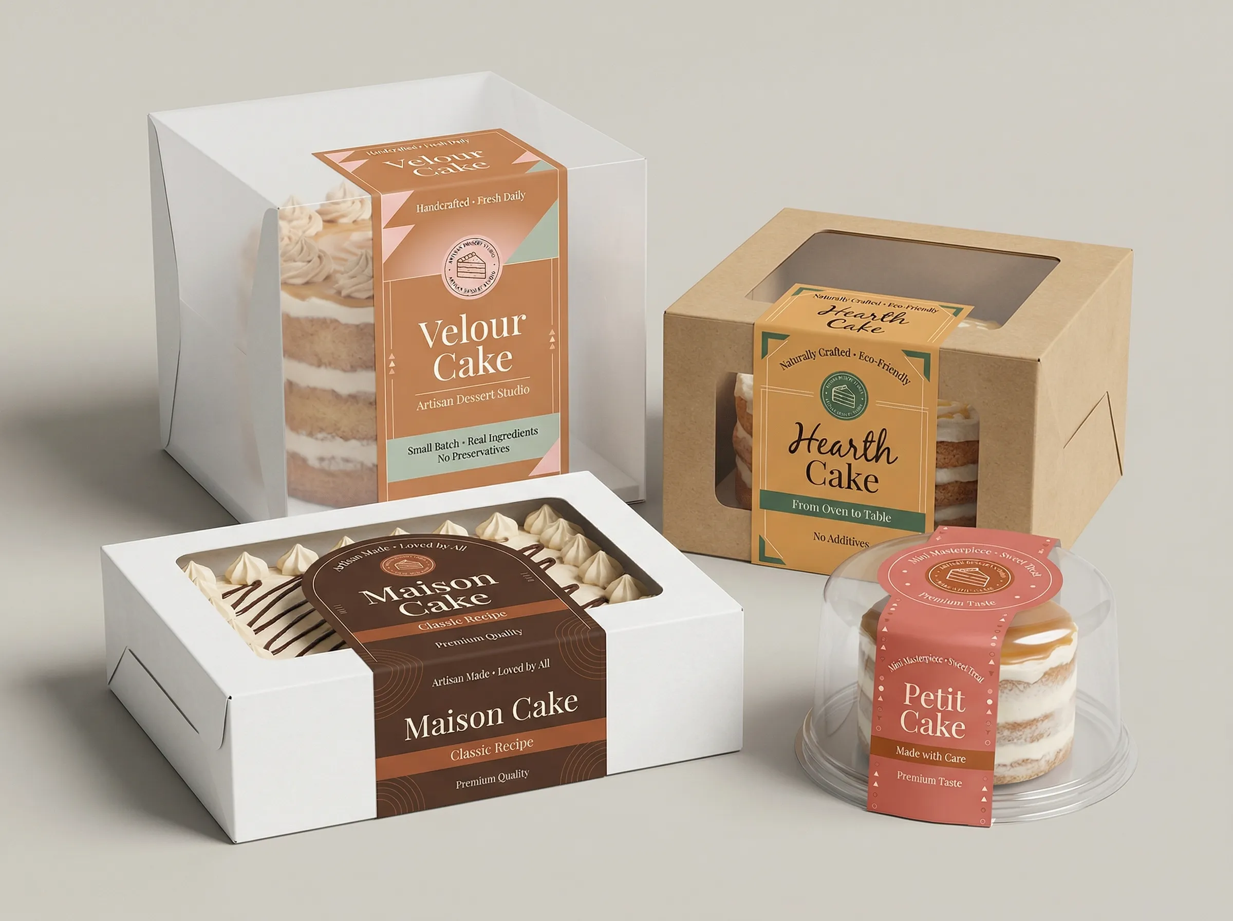 An assortment of four different cake containers, including clear boxes, kraft bakery boxes, and plastic domes, all sealed with colorful custom-printed wrap-around cake labels.