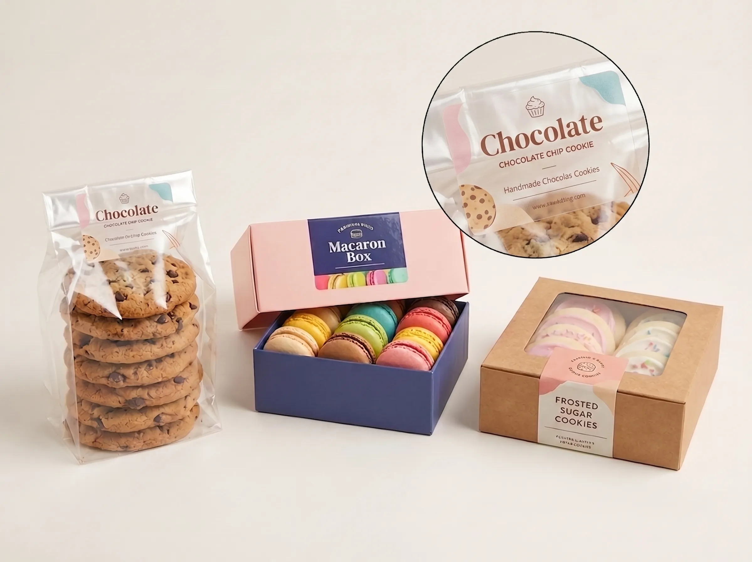 Assortment of custom bakery labels on a clear cookie bag, macaron box, and kraft window box, with a close-up showing clear label adhesion.