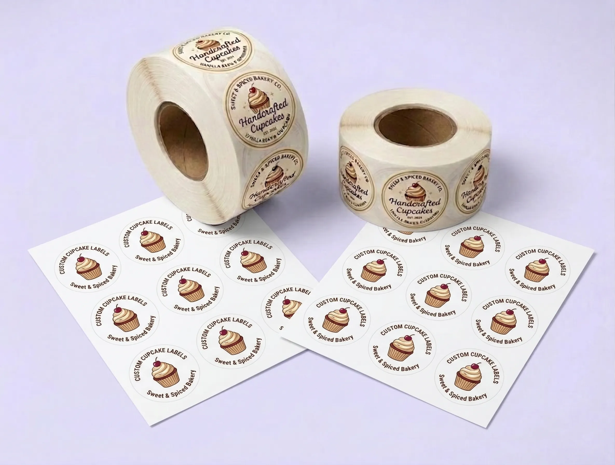 Custom branded cupcake labels on a 6-pack plastic clamshell and a kraft box sitting on a wooden bakery table.