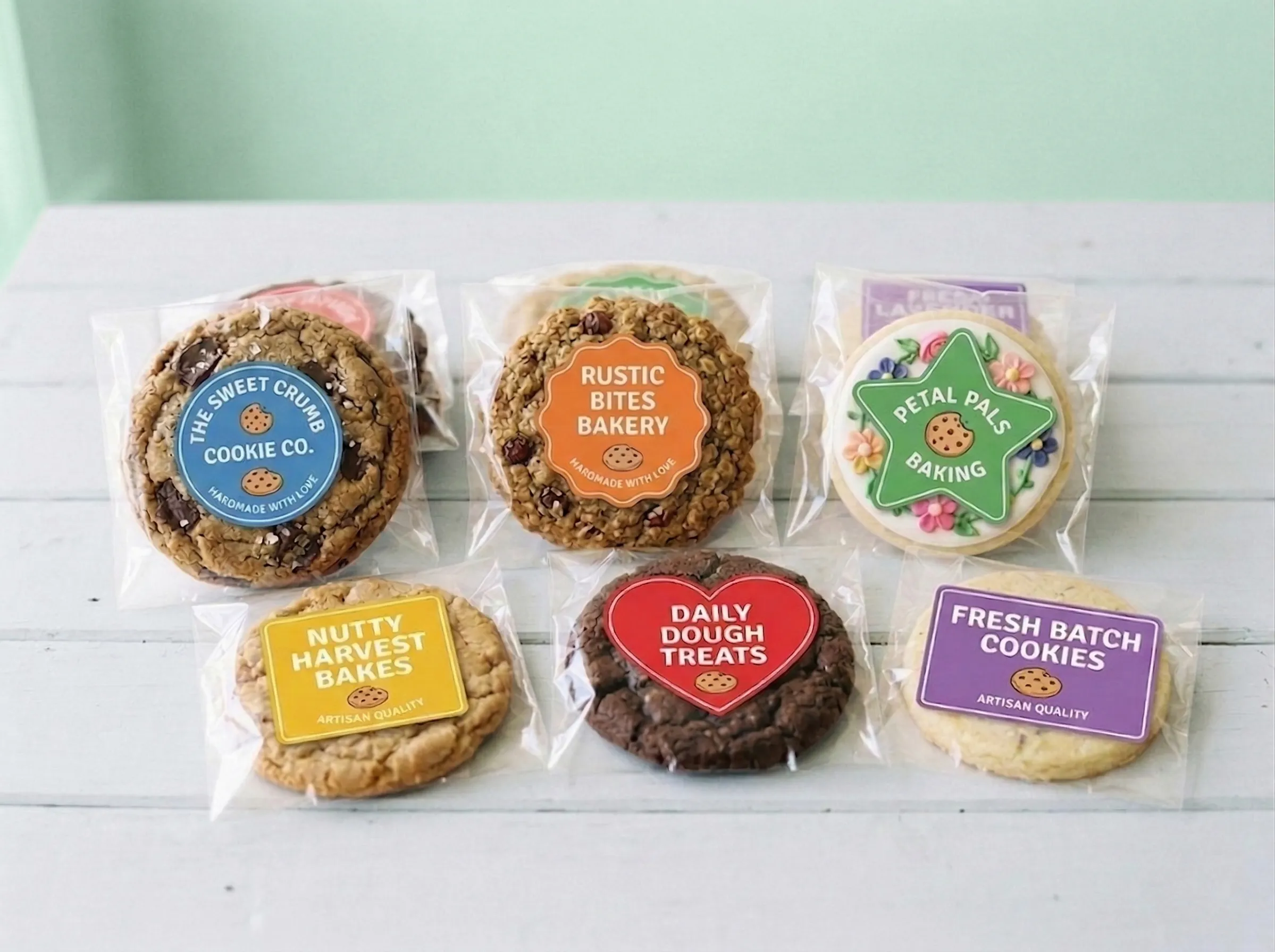 Professional custom bakery labels on bread, cookie, and pastry packaging. Description: Add a professional finishing touch to your baked goods with high-quality custom packaging labels for breads, cakes, and pastries.
