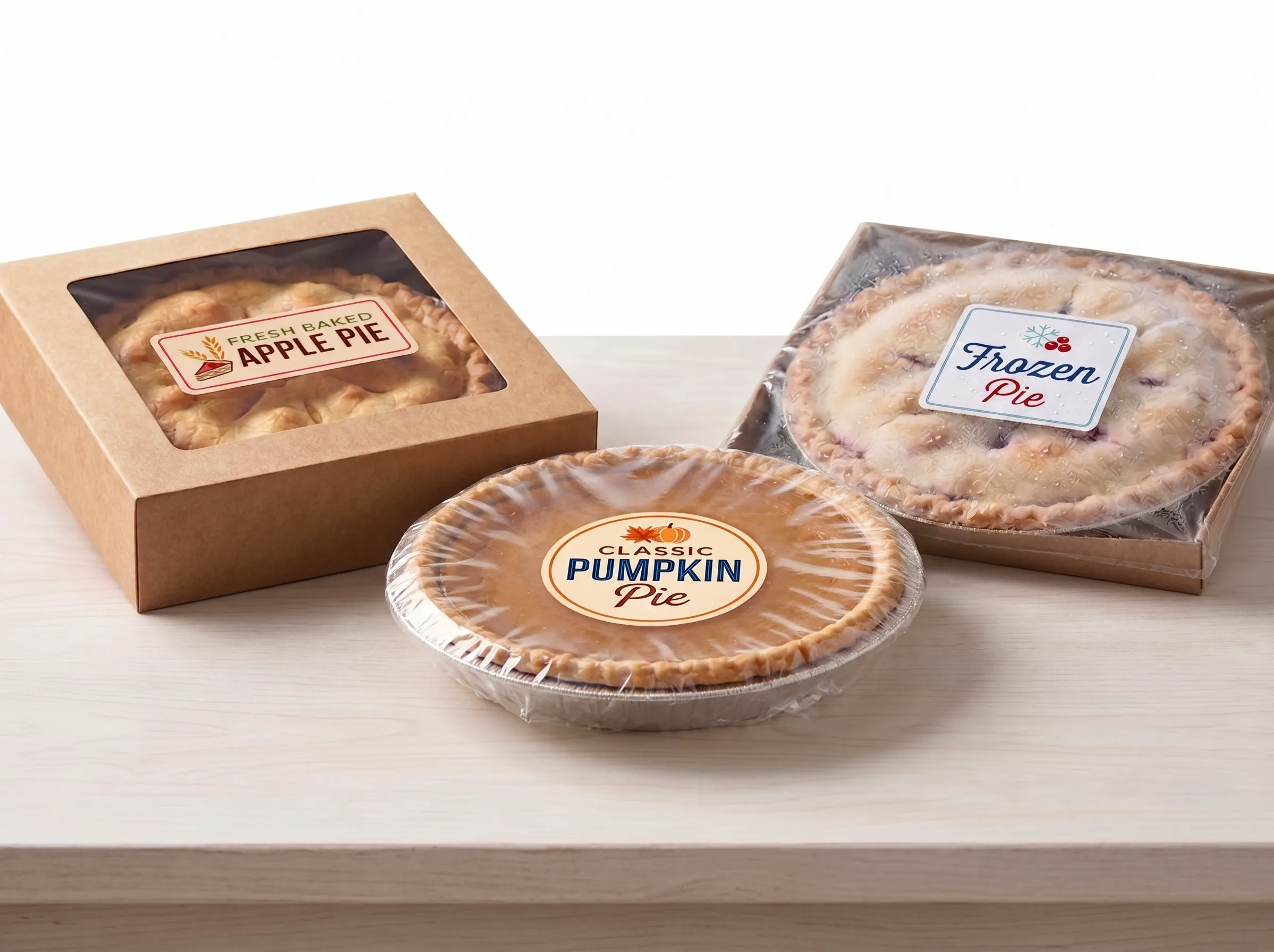 A high-resolution product showcase displaying three different bakery packaging applications for custom pie labels. On the left, a freshly baked apple pie sits in a kraft window box with a rectangular label. In the center, a classic pumpkin pie is presented in an aluminum tin with a circular label. On the right, a frozen pie wrapped in plastic features a waterproof square label, demonstrating durability with visible surface condensation.