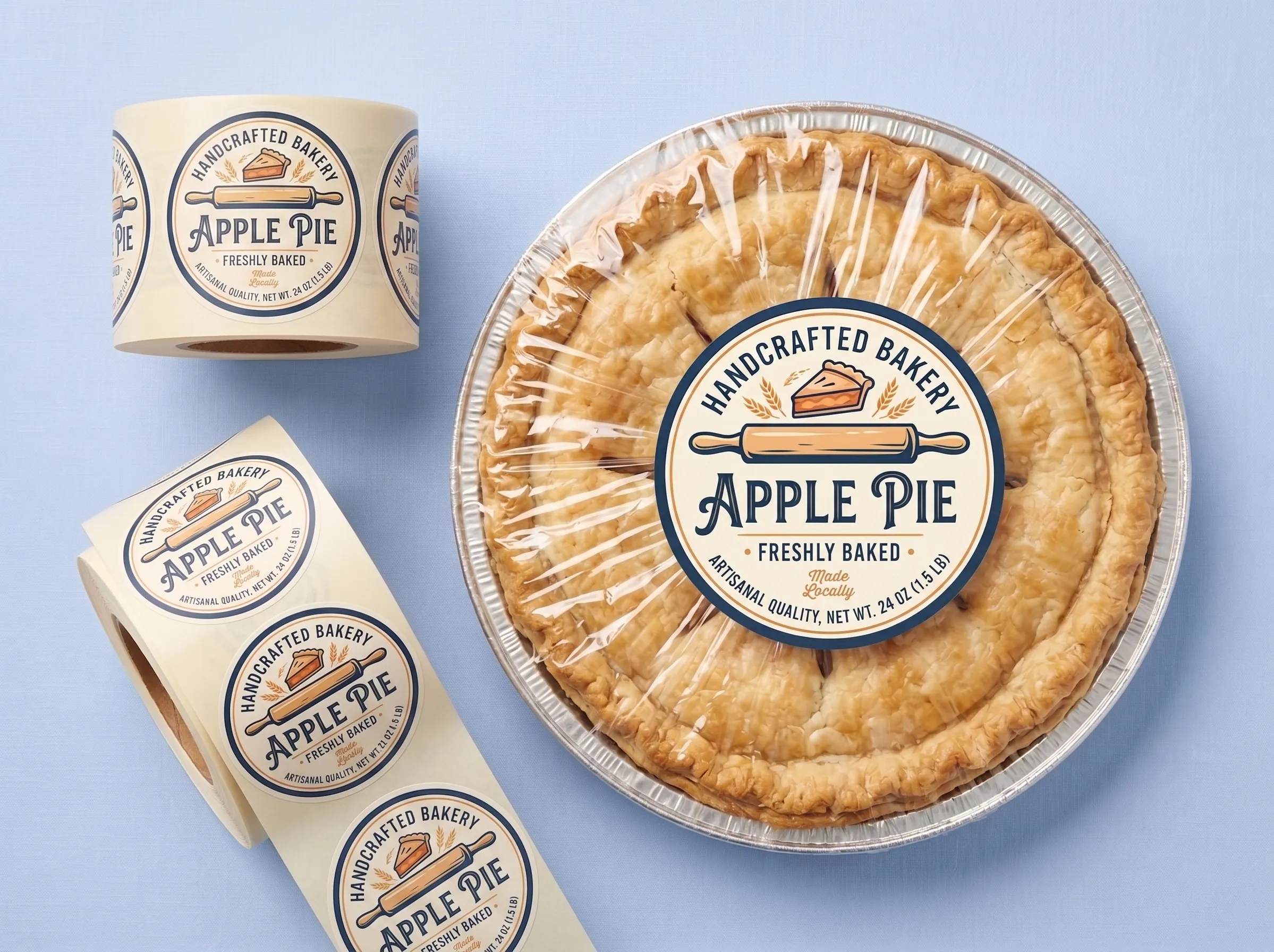 A professional display showcasing versatile custom bakery labels on different types of cake packaging. The arrangement features distinct branding styles - from floral and artisanal to rustic landscapes - adhering perfectly to kraft paper boxes, white cardboard window boxes, and clear plastic domed containers.