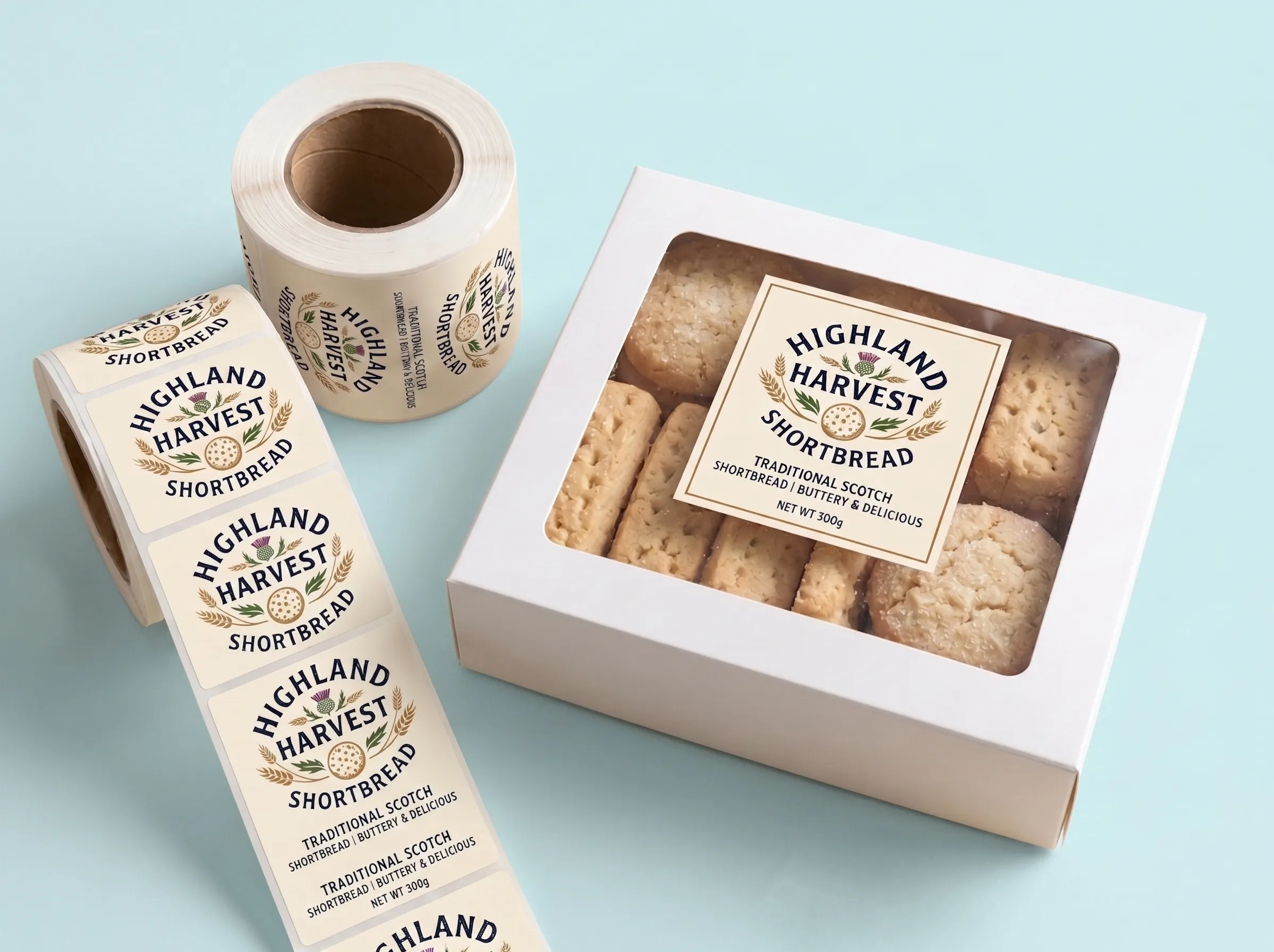 A roll of custom printed shortbread cookie labels next to a white bakery window box displaying the applied label.