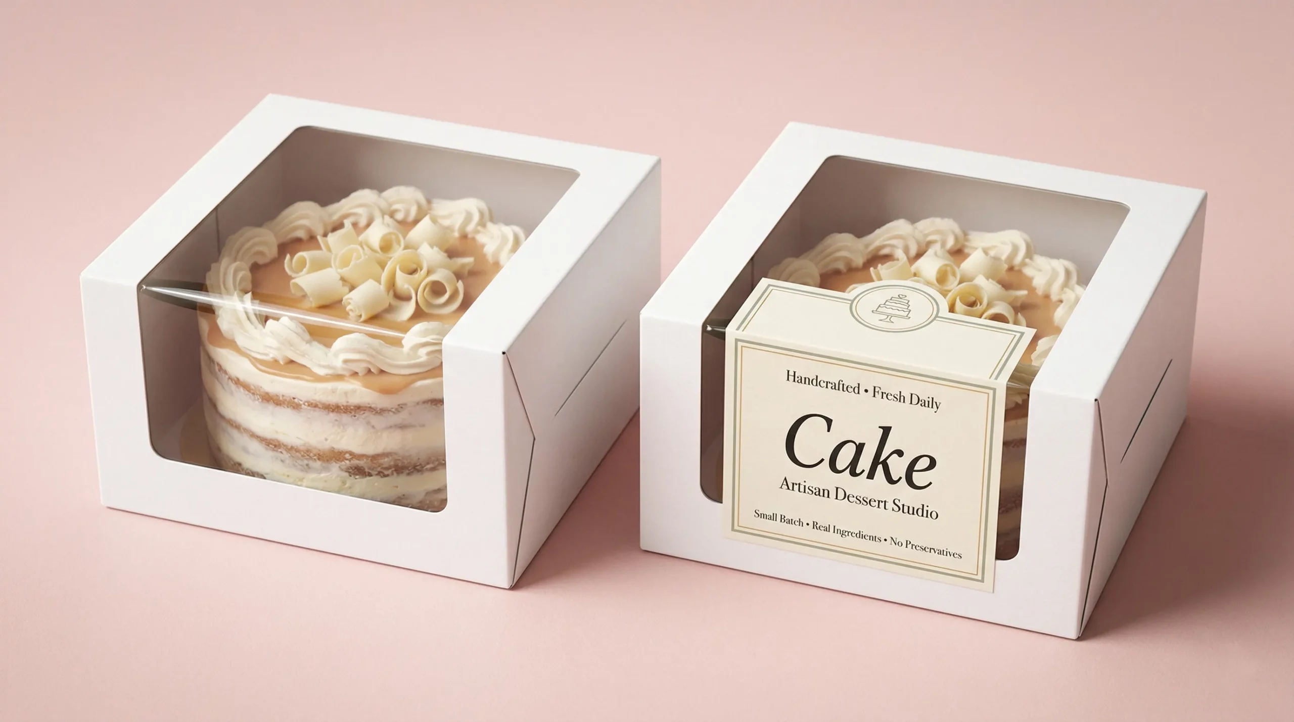 A visual demonstration of two white cake boxes displaying layered cakes. The image showcases how applying a custom-printed, wrap-around label instantly elevates plain packaging into a professional, branded artisan dessert presentation.