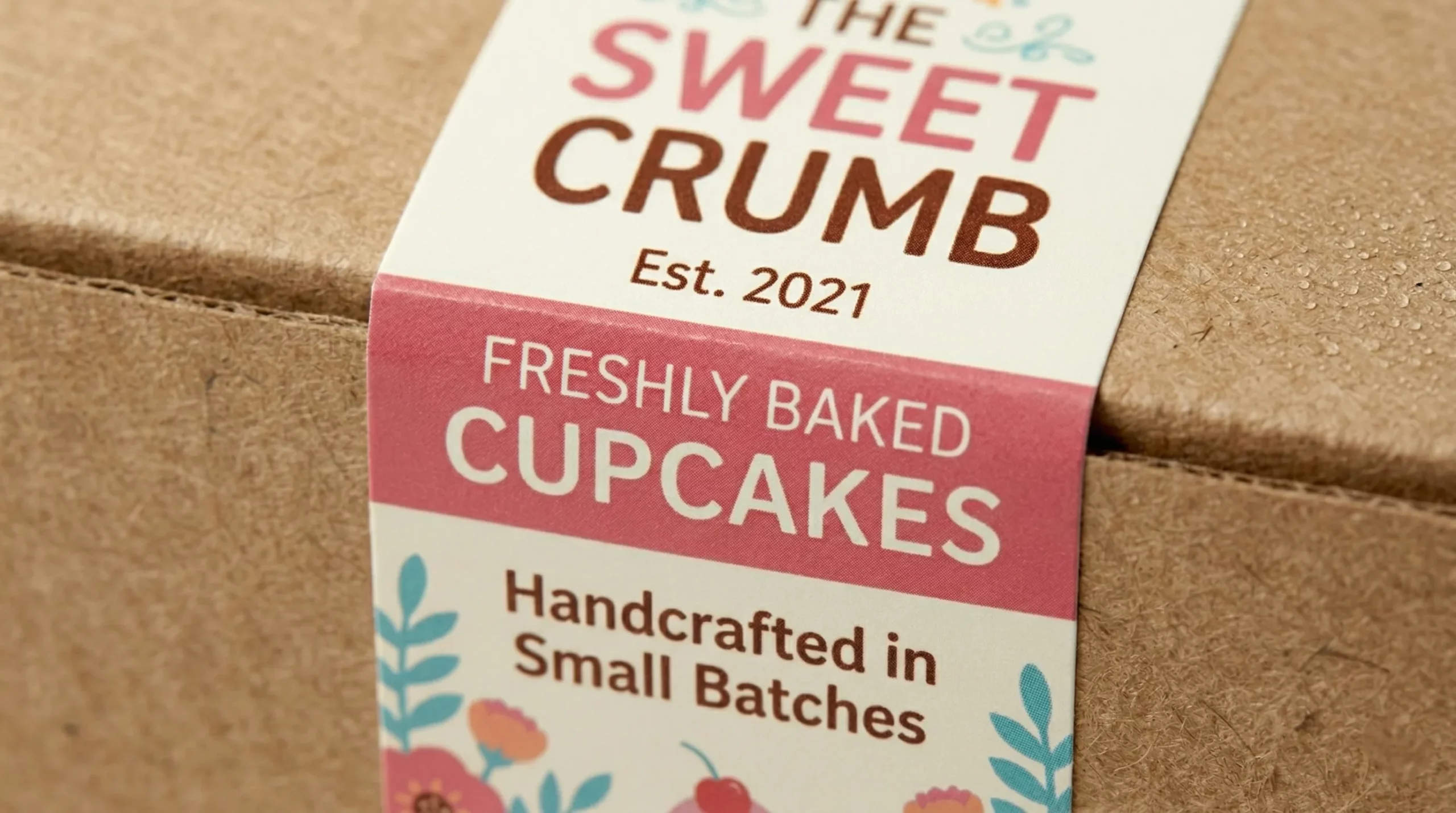 Close-up of a custom bakery label securely sealing a kraft cardboard box.