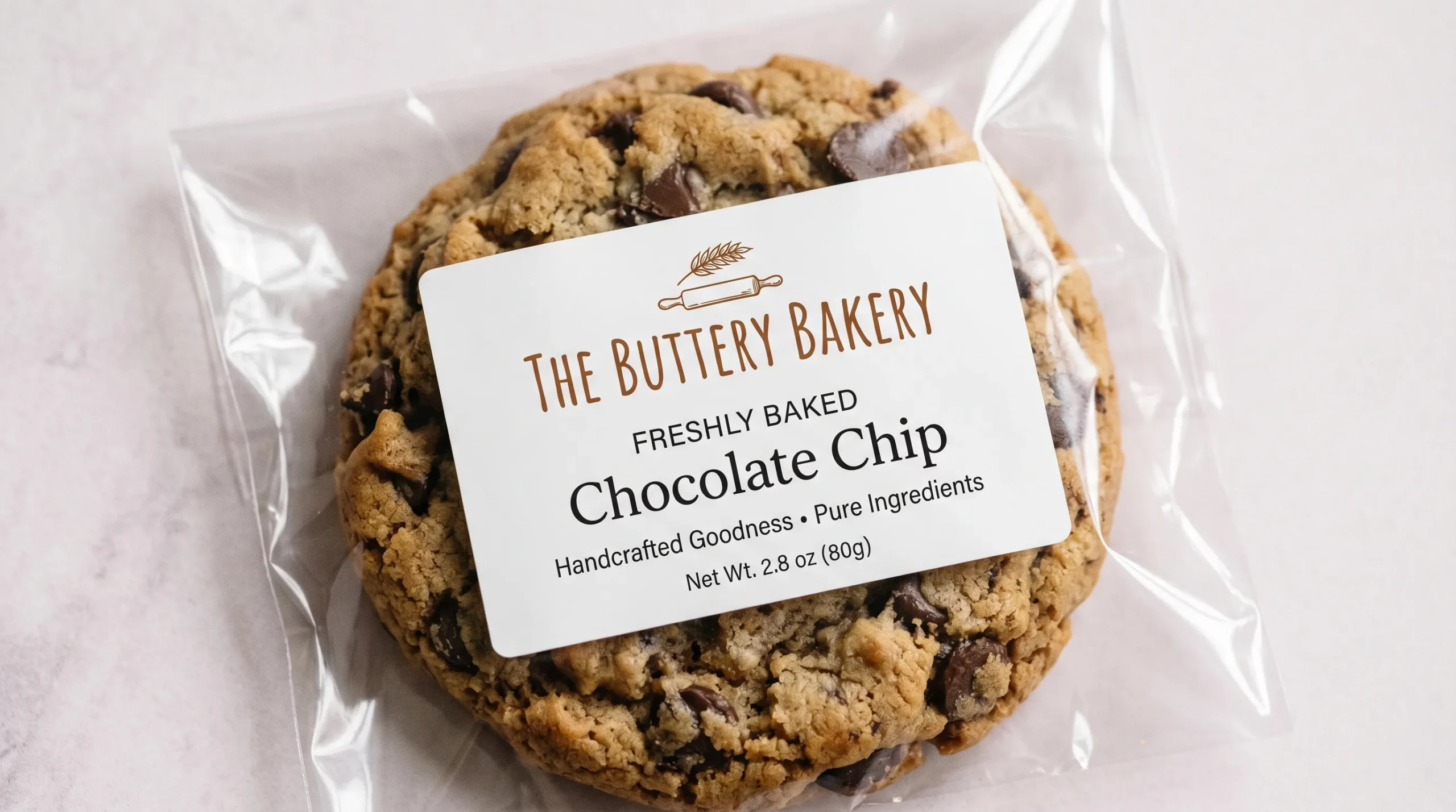 Close-up of a single large chocolate chip cookie in a clear cellophane wrapper sealed with a clean, grease-resistant white label.