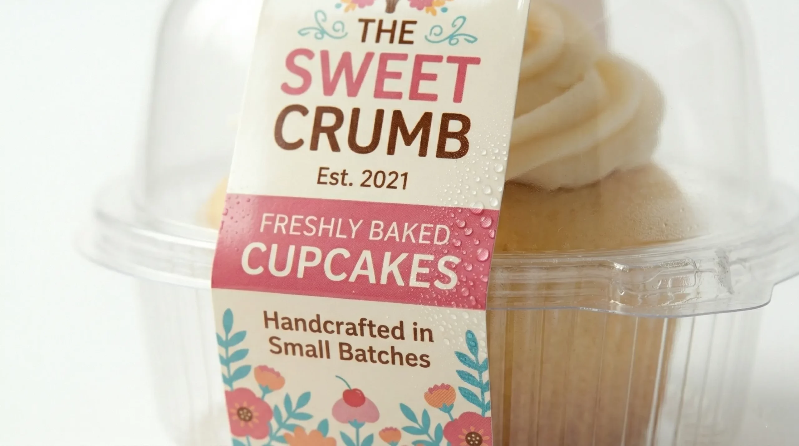 Close-up of a moisture-resistant custom cupcake label on a plastic container covered in condensation.