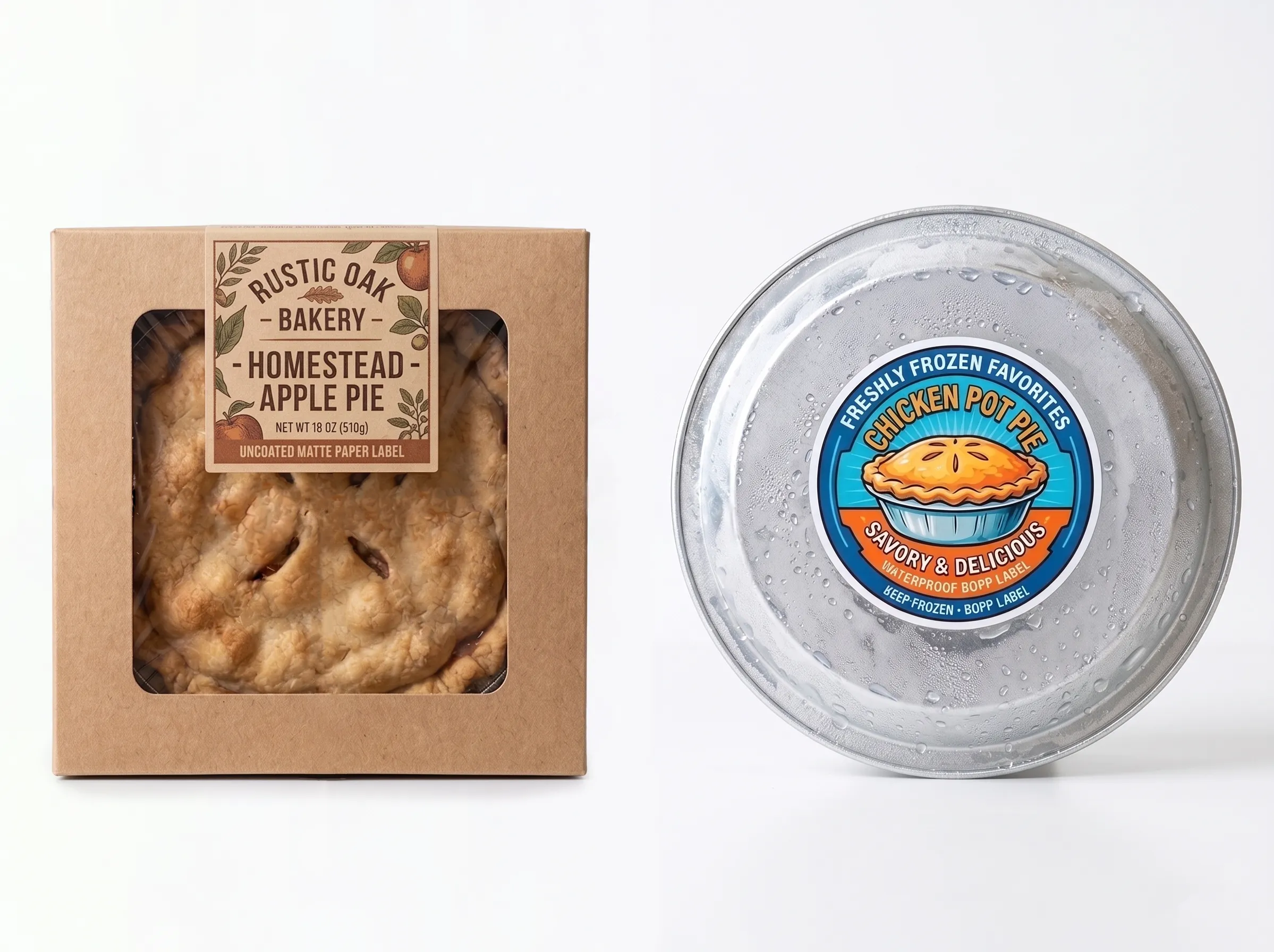 Side-by-side comparison of a matte paper label on a dry kraft apple pie box and a waterproof BOPP label on a frozen, condensation-covered chicken pot pie.
