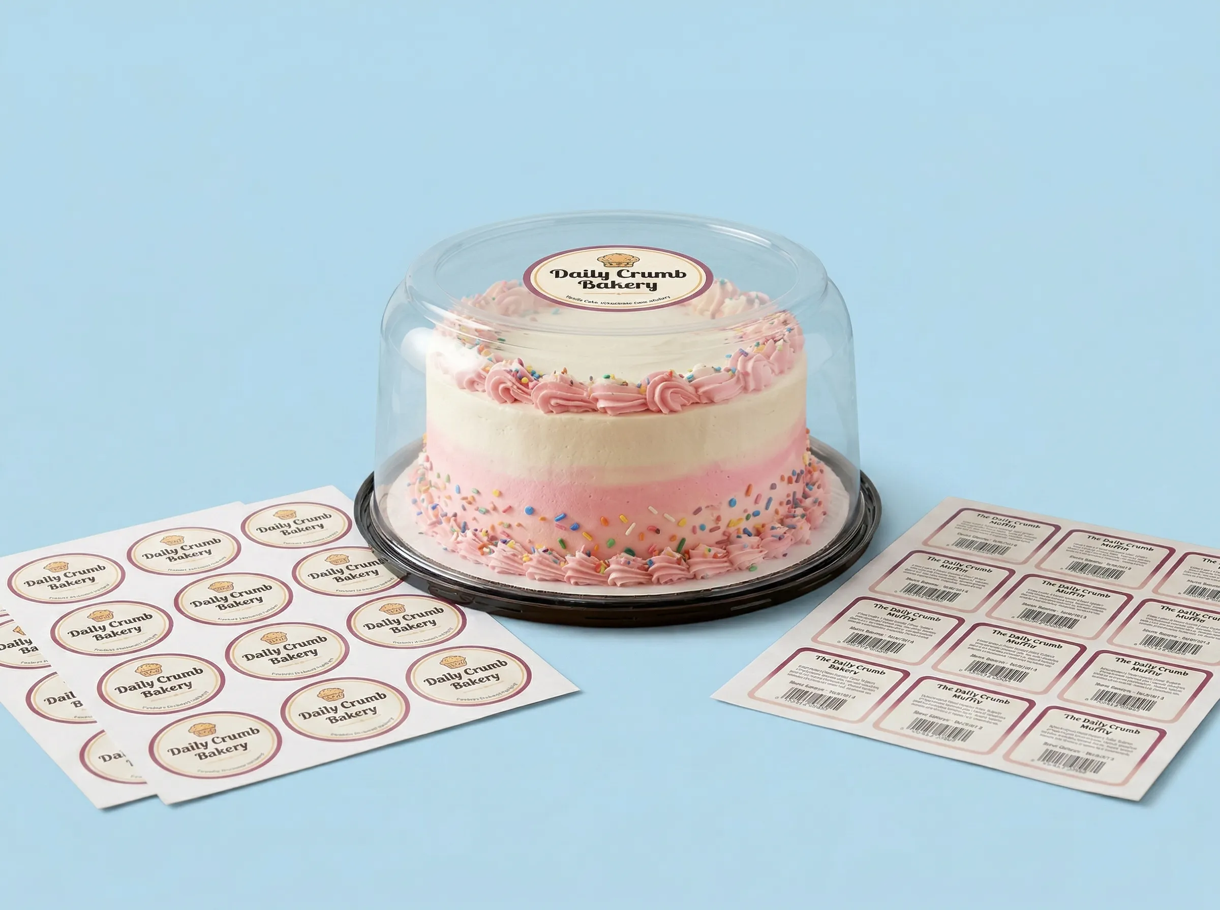 High-quality, custom-printed label sheets designed for bakeries, perfect for applying vibrant logos and detailed nutritional information to clear plastic cake domes and other packaging.