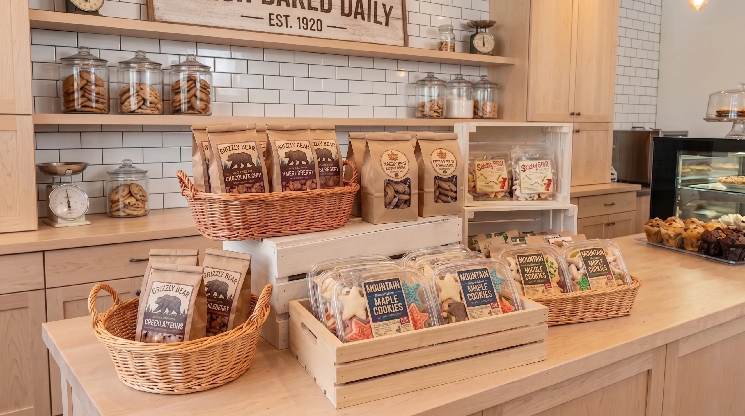A well-stocked retail bakery counter displaying various cookies packaged in custom-labeled kraft bags and clear clamshell containers.