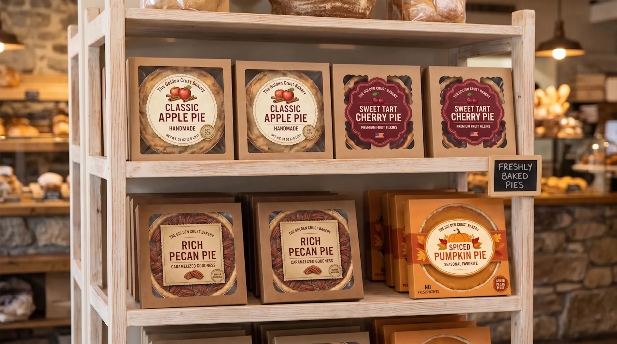 Retail bakery shelf displaying boxed apple, cherry, pecan, and pumpkin pies with cohesive custom branding labels.