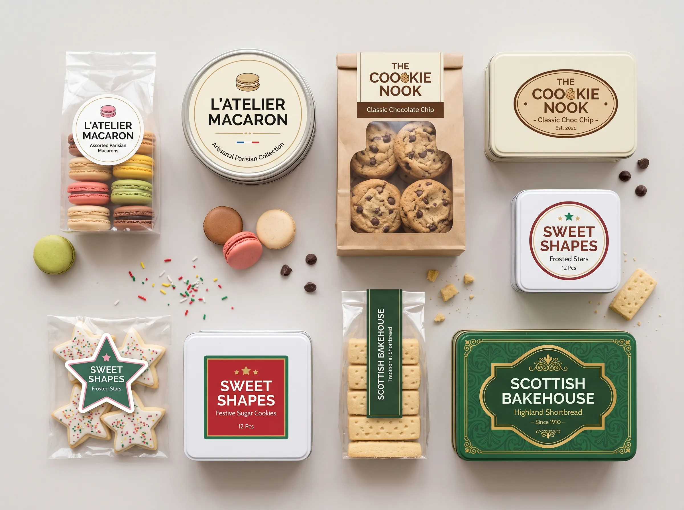 A flat lay assortment of diverse cookie packaging, including cellophane bags, kraft boxes, and metal tins, all featuring perfectly fitted custom labels.