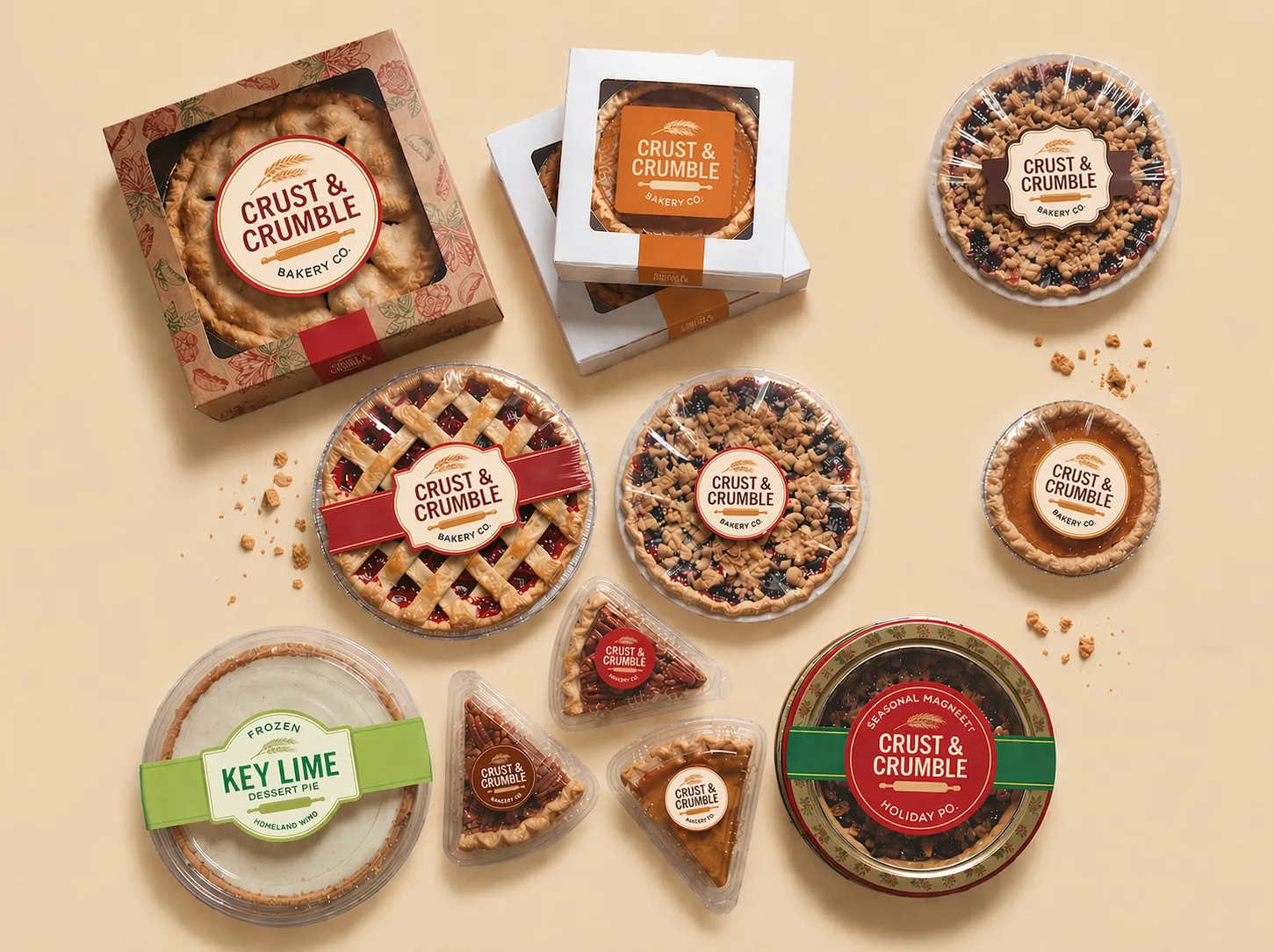 A flat lay arrangement of various whole pies and individual slices in different packaging formats, all featuring cohesive custom bakery labels.