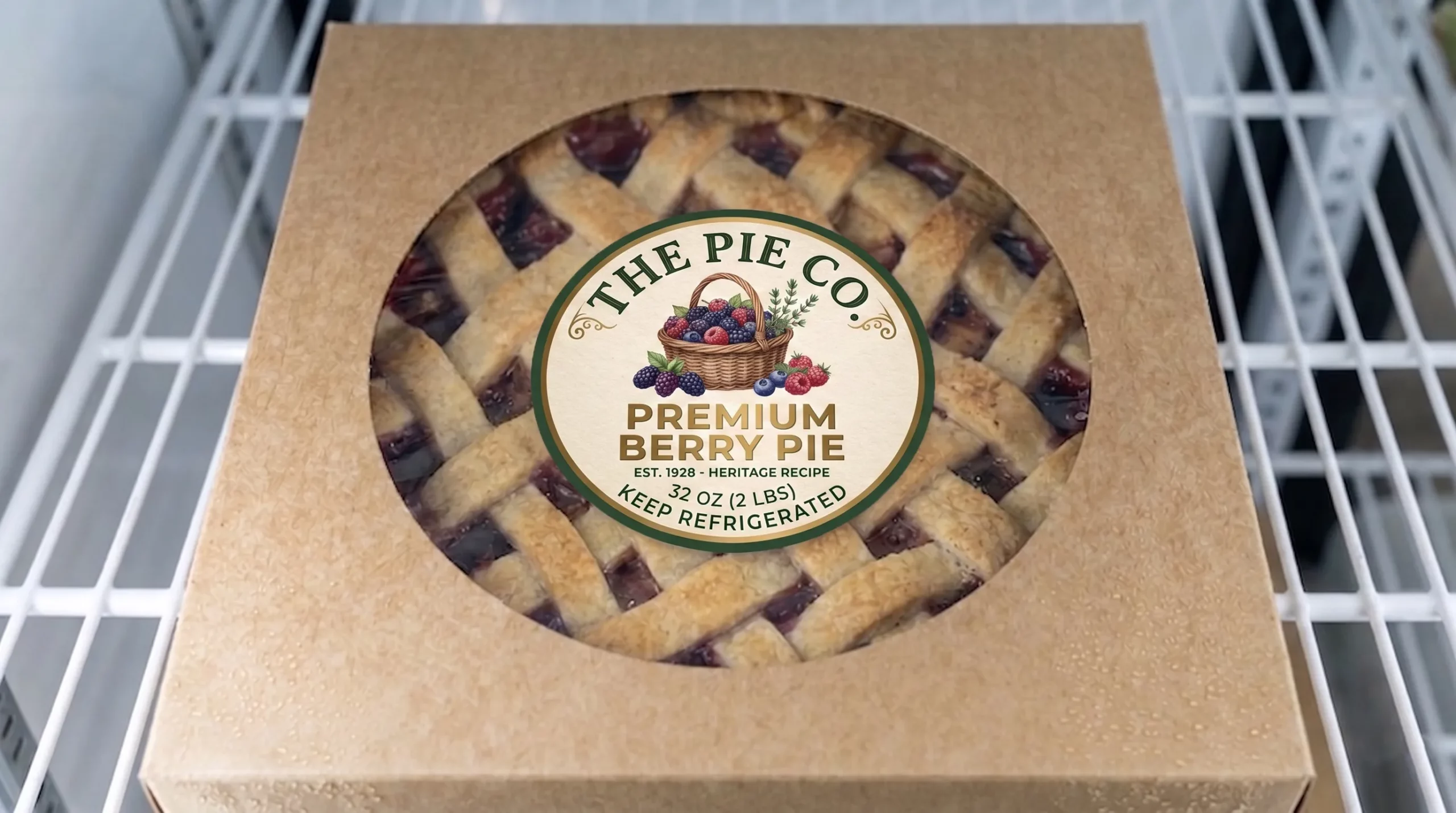 Close-up of a berry pie in a kraft box inside a refrigerator, showing a custom waterproof label remaining intact despite visible condensation.