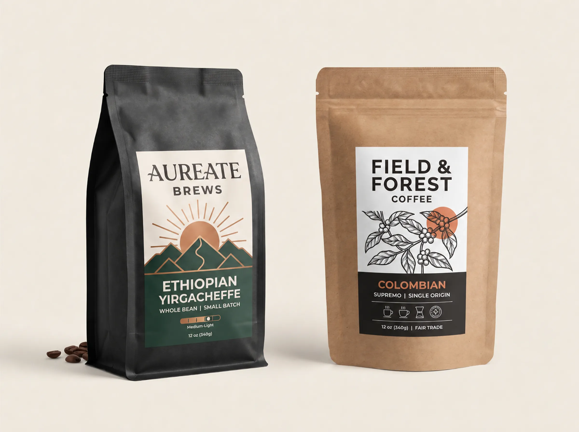 Two coffee bags, a matte black side-gusset bag and a kraft paper stand-up pouch, both featuring premium custom printed labels.
