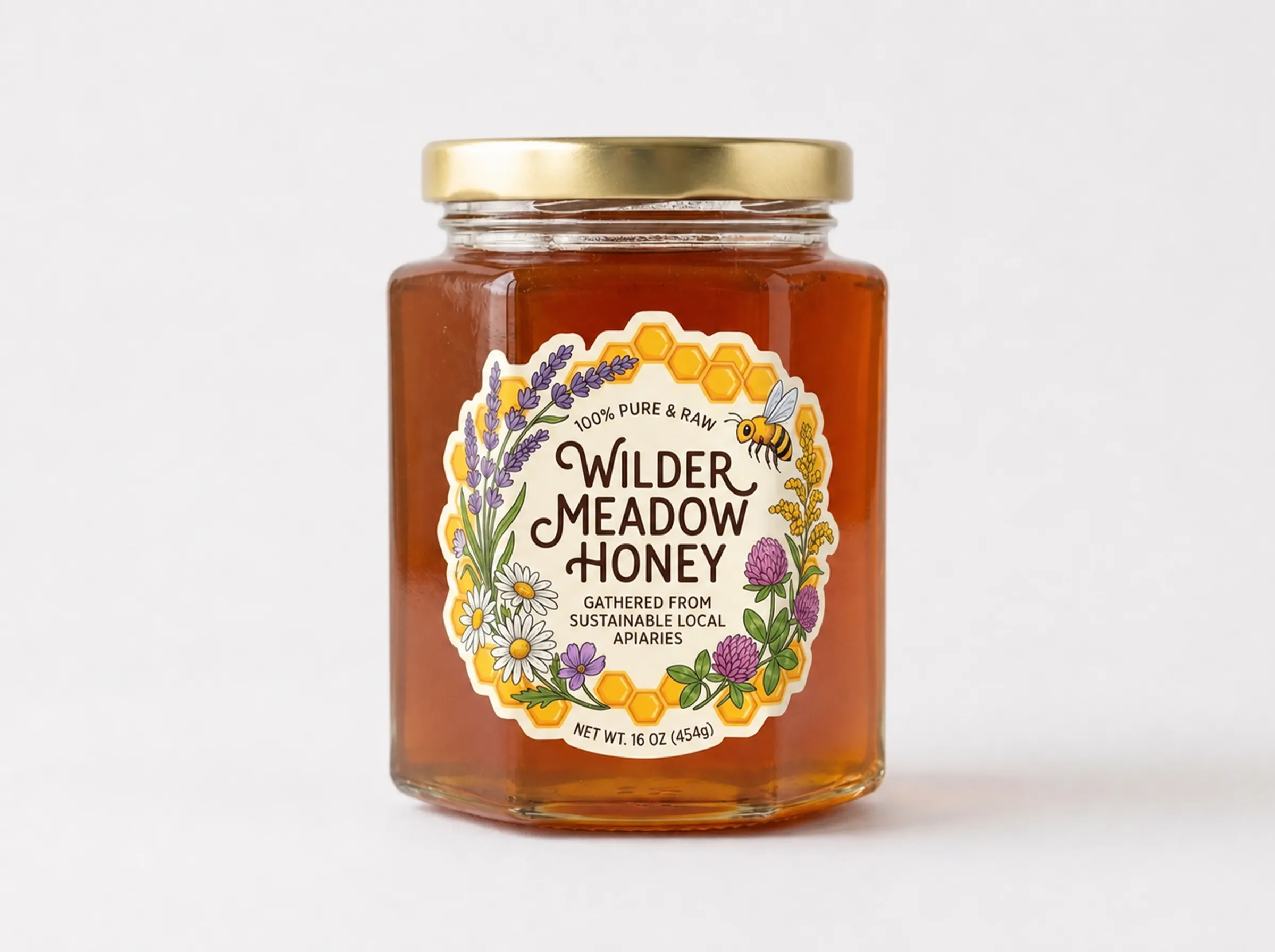 A hexagonal glass jar of golden honey featuring a custom die-cut label with floral and honeycomb illustrations.