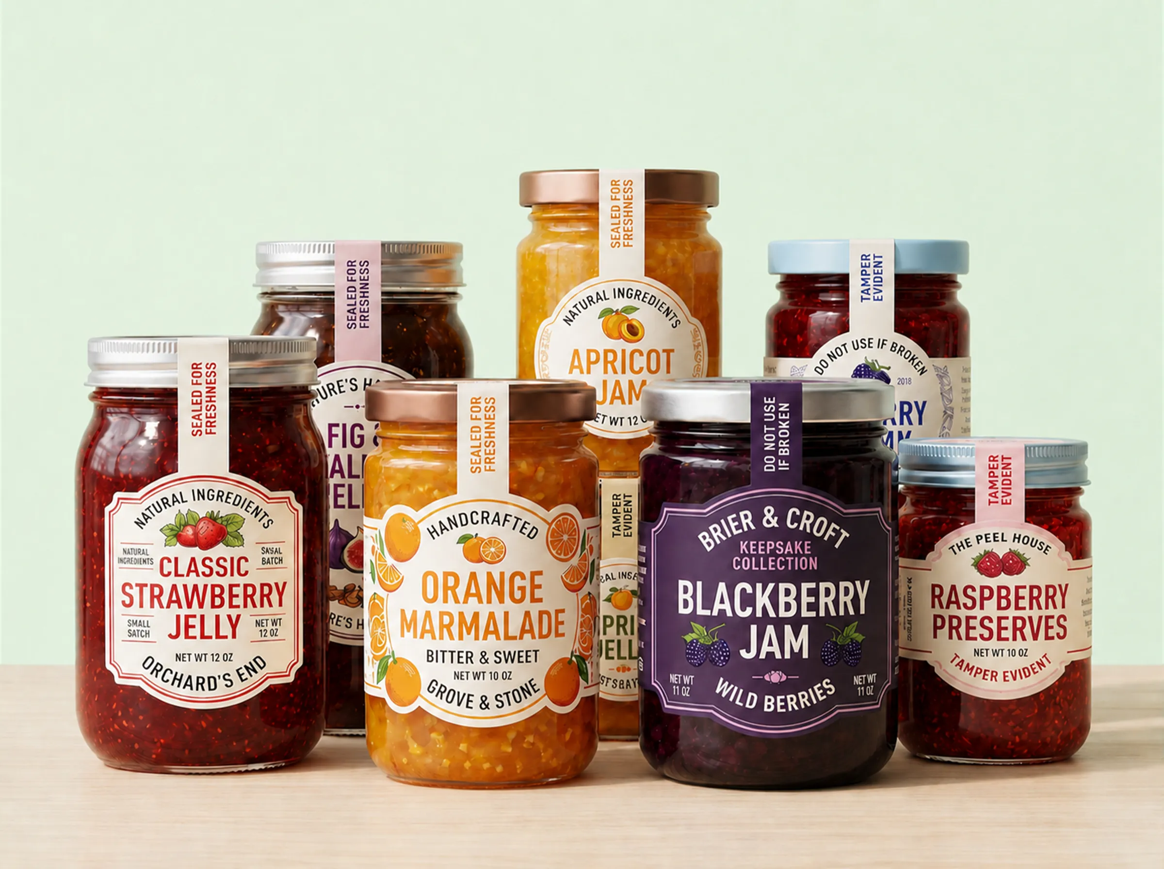 A collection of glass jars filled with various fruit jams and jellies, featuring custom printed matte labels and tamper-evident seals over the lids.