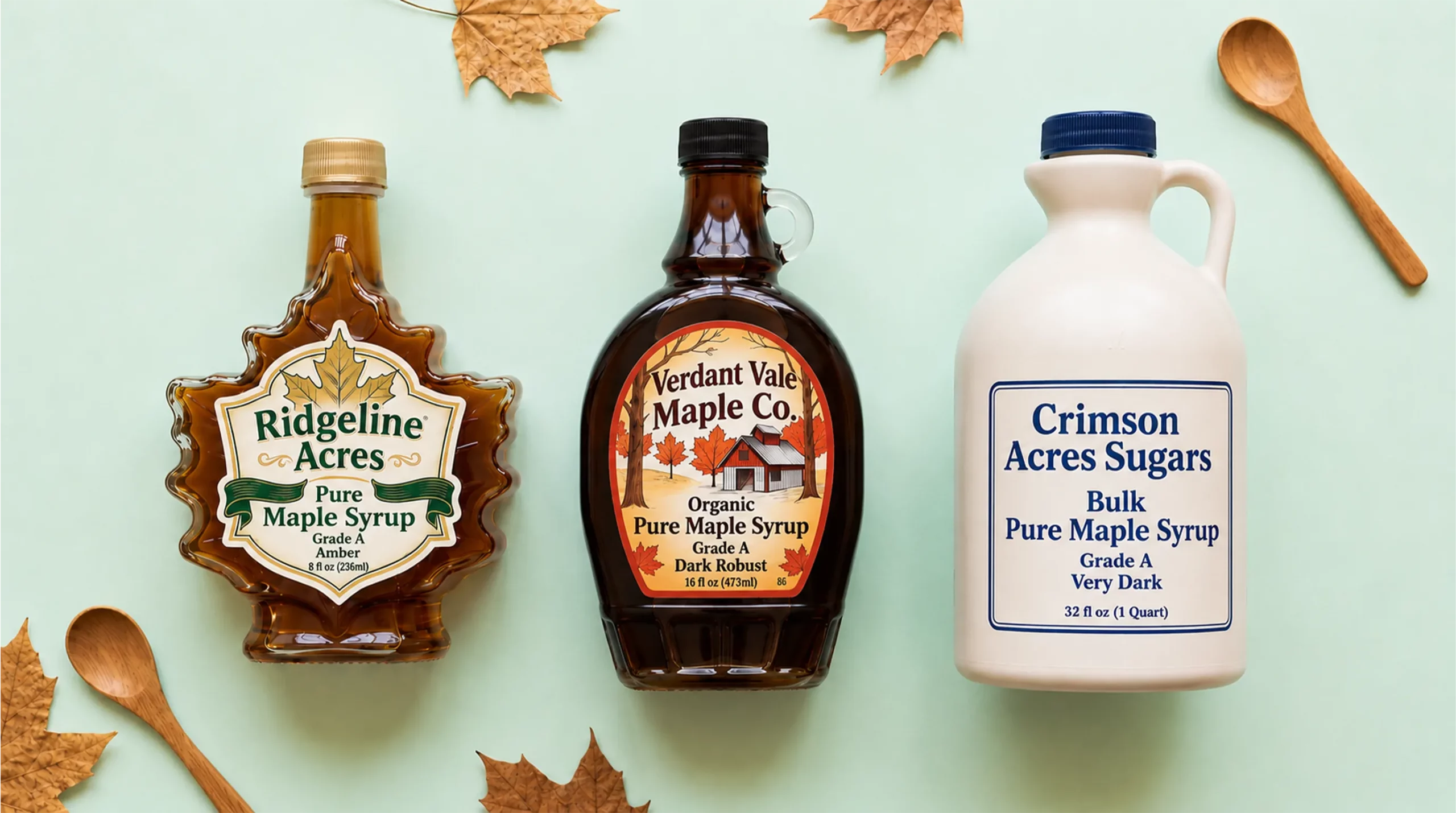 A lineup of three different maple syrup containers: a small leaf-shaped glass bottle, a medium glass bottle, and a large plastic jug, each with a custom label.