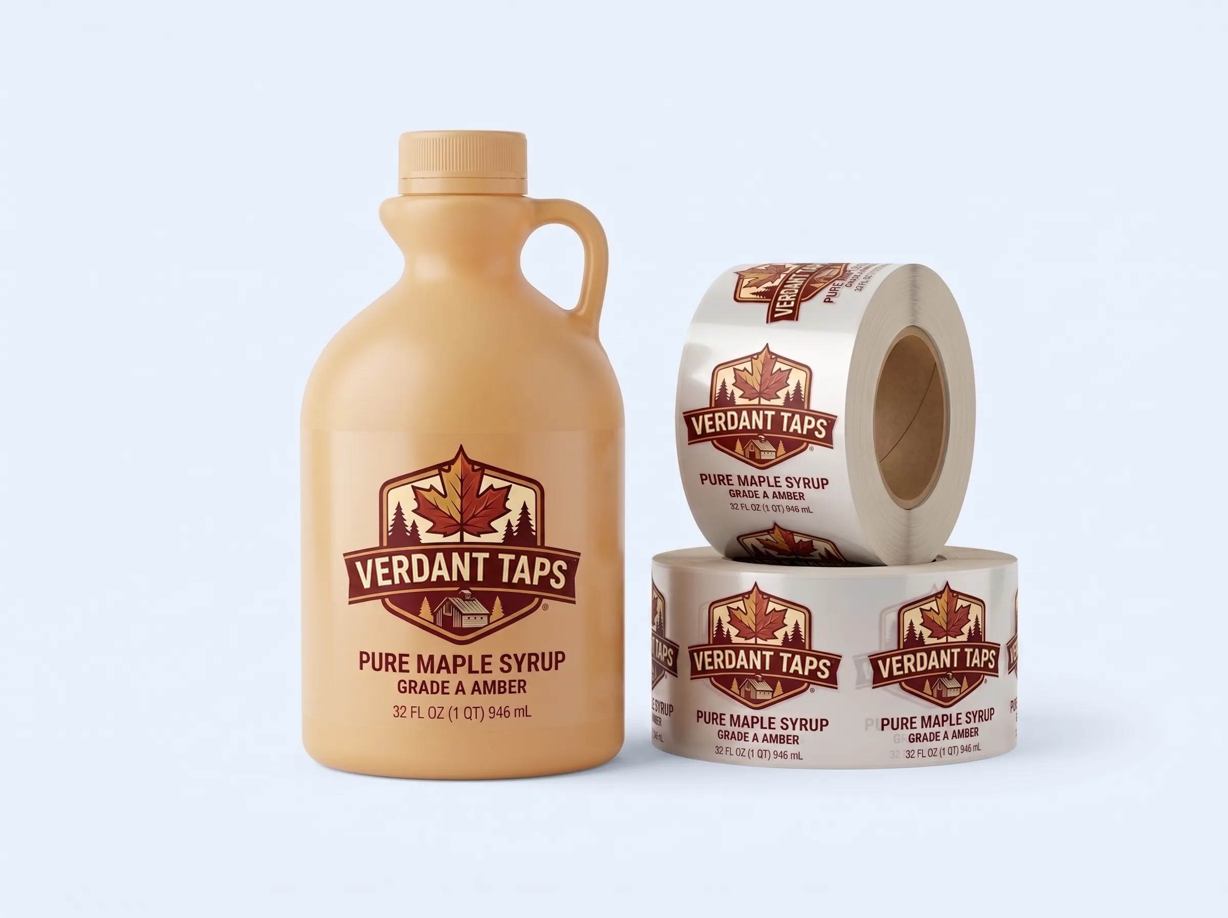 A large plastic maple syrup jug displayed next to two rolls of custom printed labels featuring an autumn leaf design.