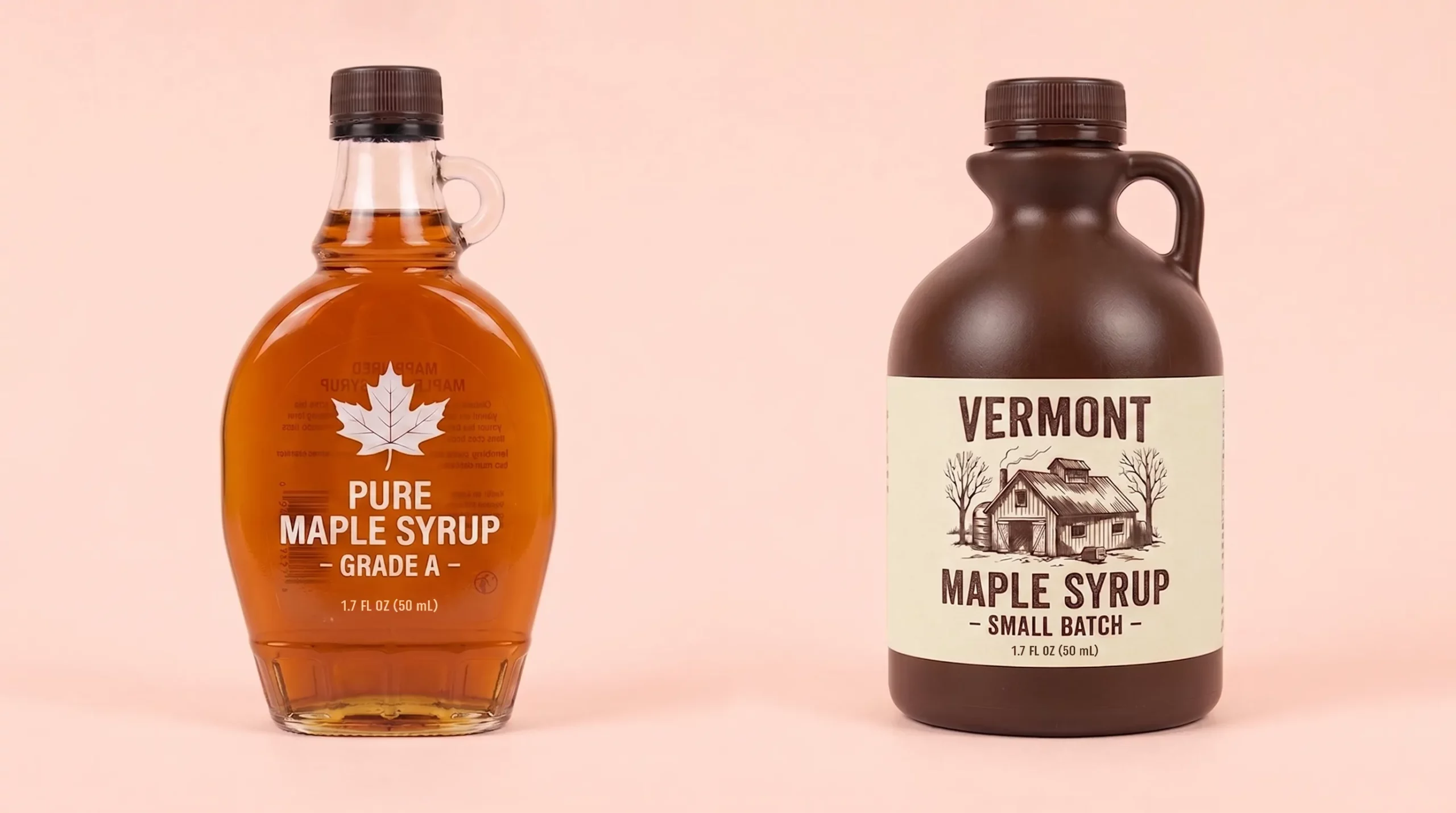 Side-by-side material comparison showing a seamless clear label on a glass syrup bottle next to a textured matte paper label on a plastic jug.