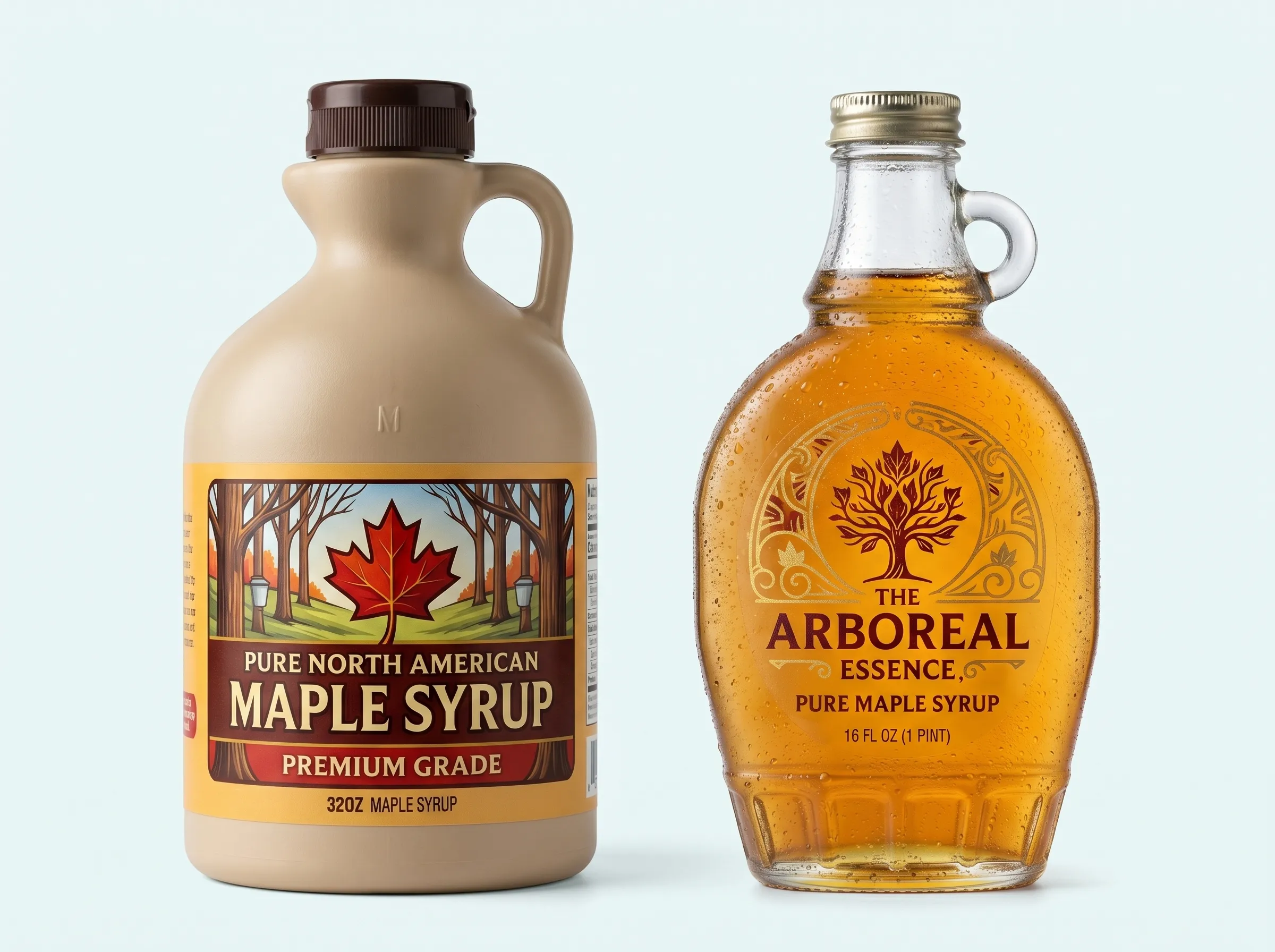 Two bottles of pure North American maple syrup, one large plastic jug and one smaller glass bottle with condensation and gold labels.